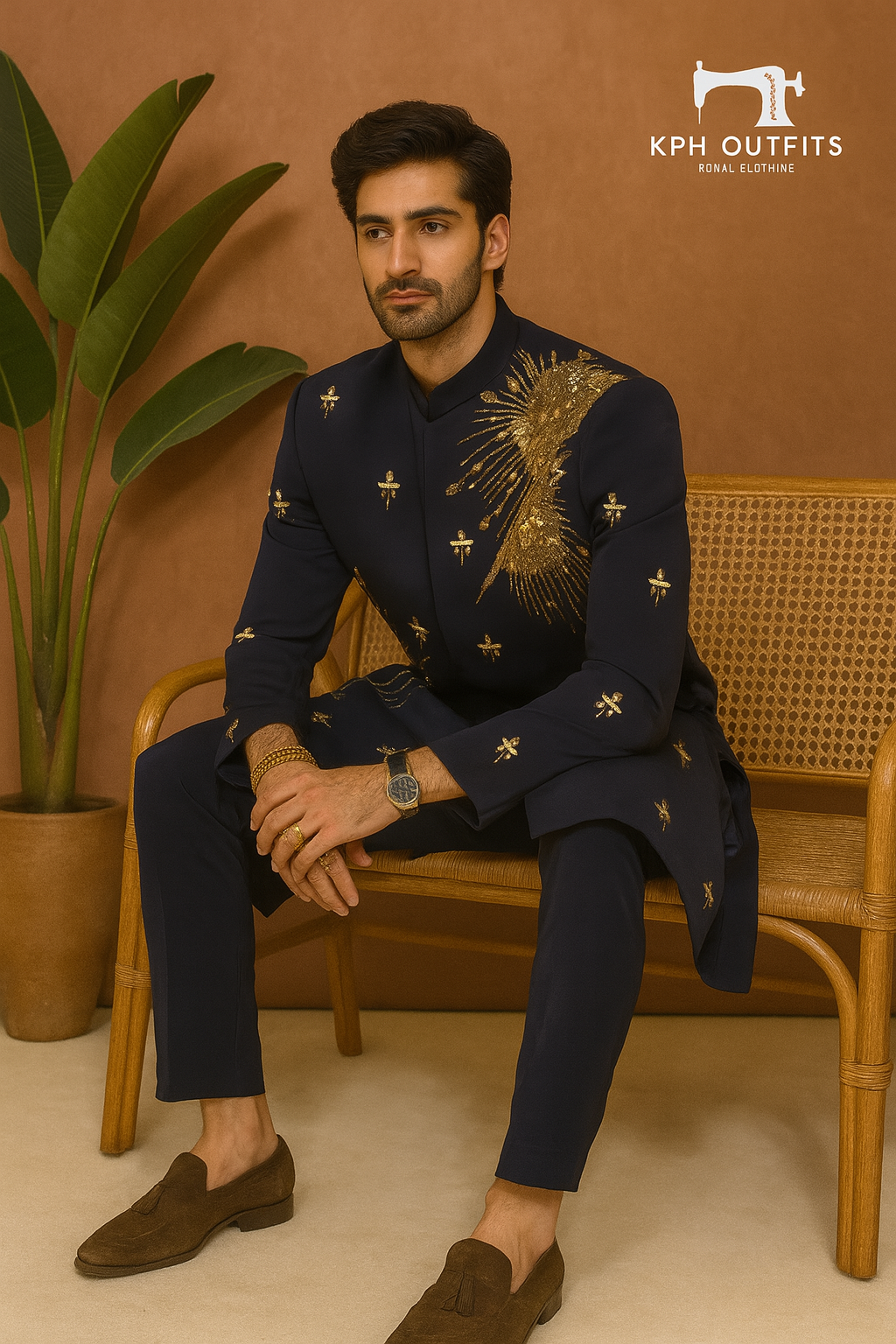 A photograph of a man in a stylish sherwani, highlighting the quality of the Japanese fabric and the unique handcrafting.

