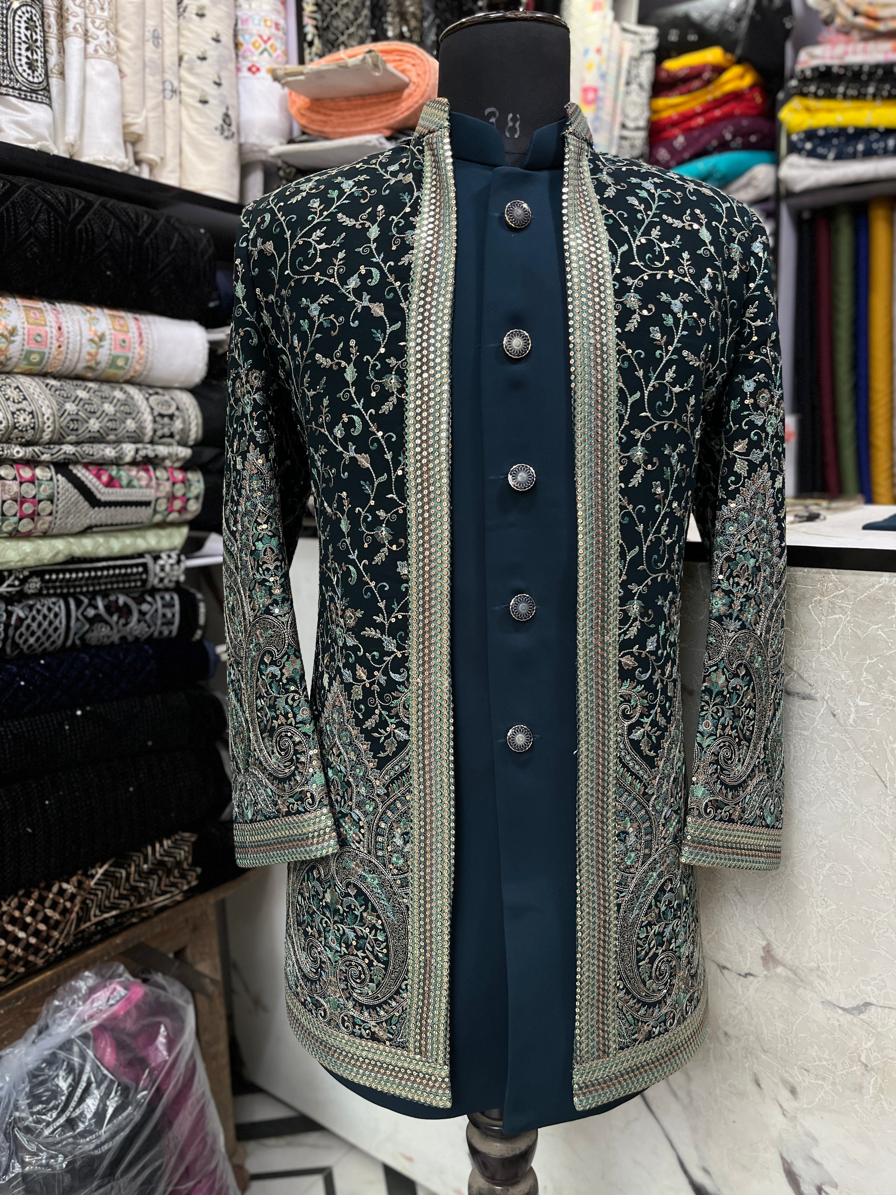 Men's Teal Blue Kalamkari Embroidery Open Indo-western Set