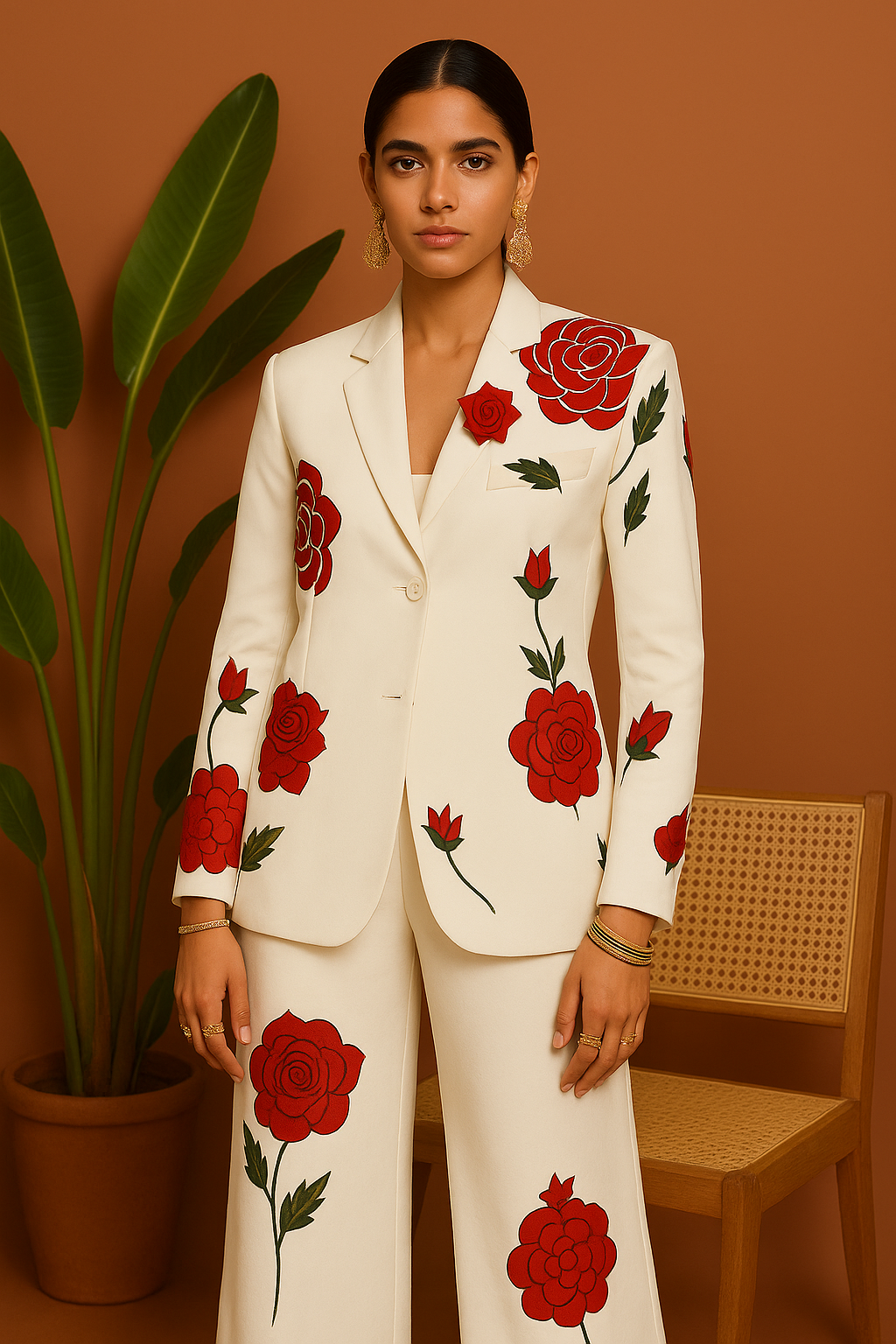 Women Special Red Rose Embellished Stylish Tuxedo Suit