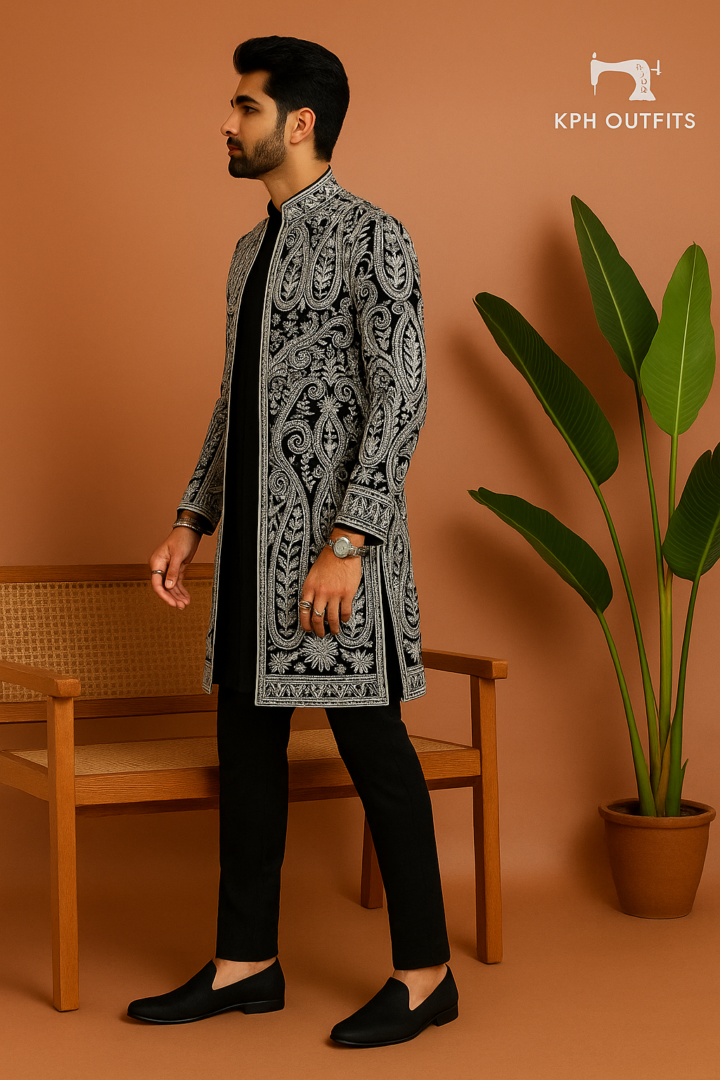 A man in a stylish black and white embellished Indo-Western set with an intricate patterned inside jacket. He is standing and posing confidently, with a plant in a pot visible behind him on the left.


