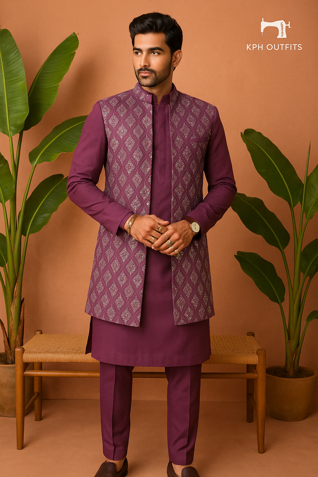 Men's Exclusive Wine Mirror Indo-western Set - KPH Outfits