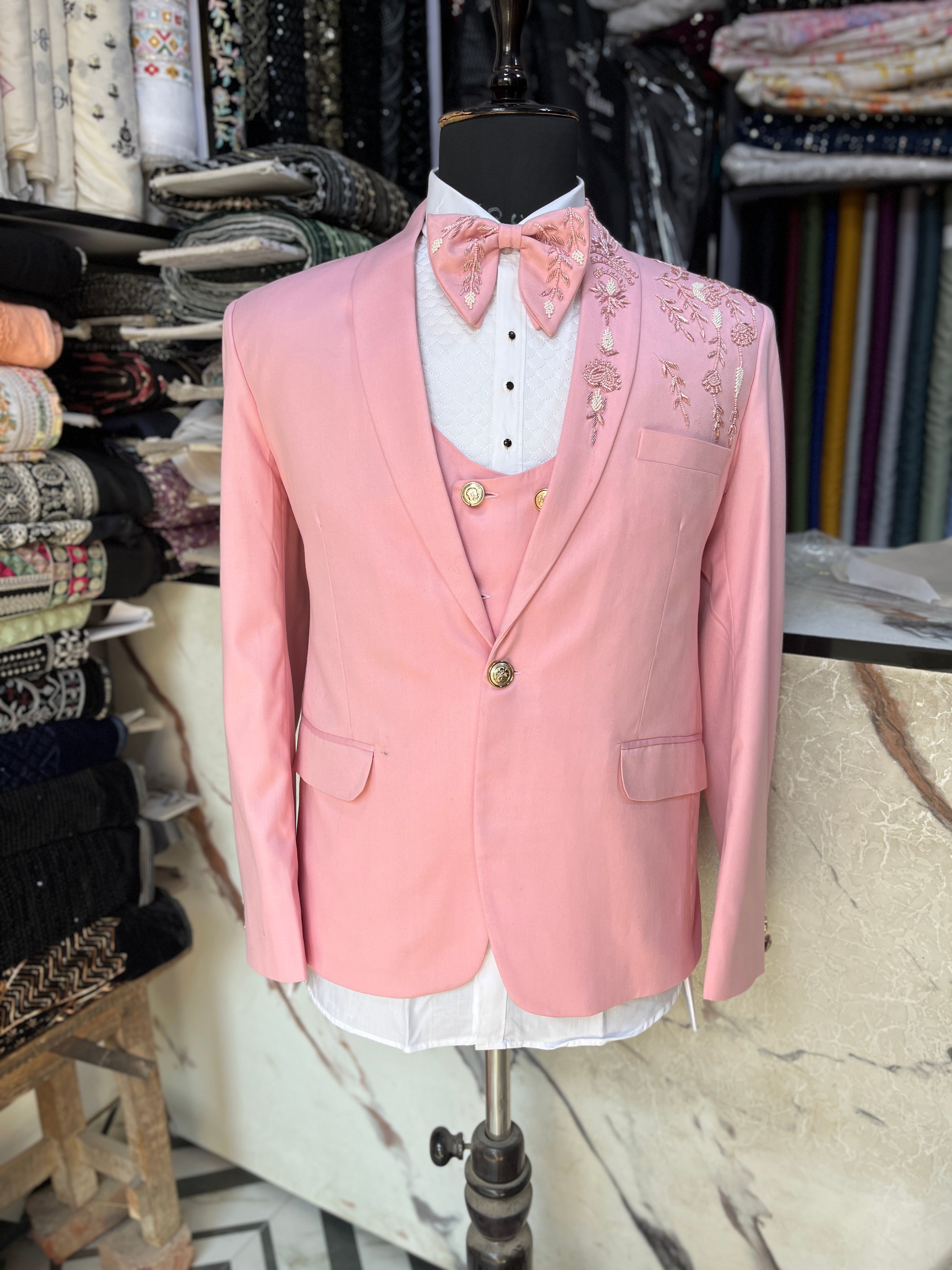 Men's Pink Handcrafted Zardozi Work Shawl Lapel Tuxedo Suit