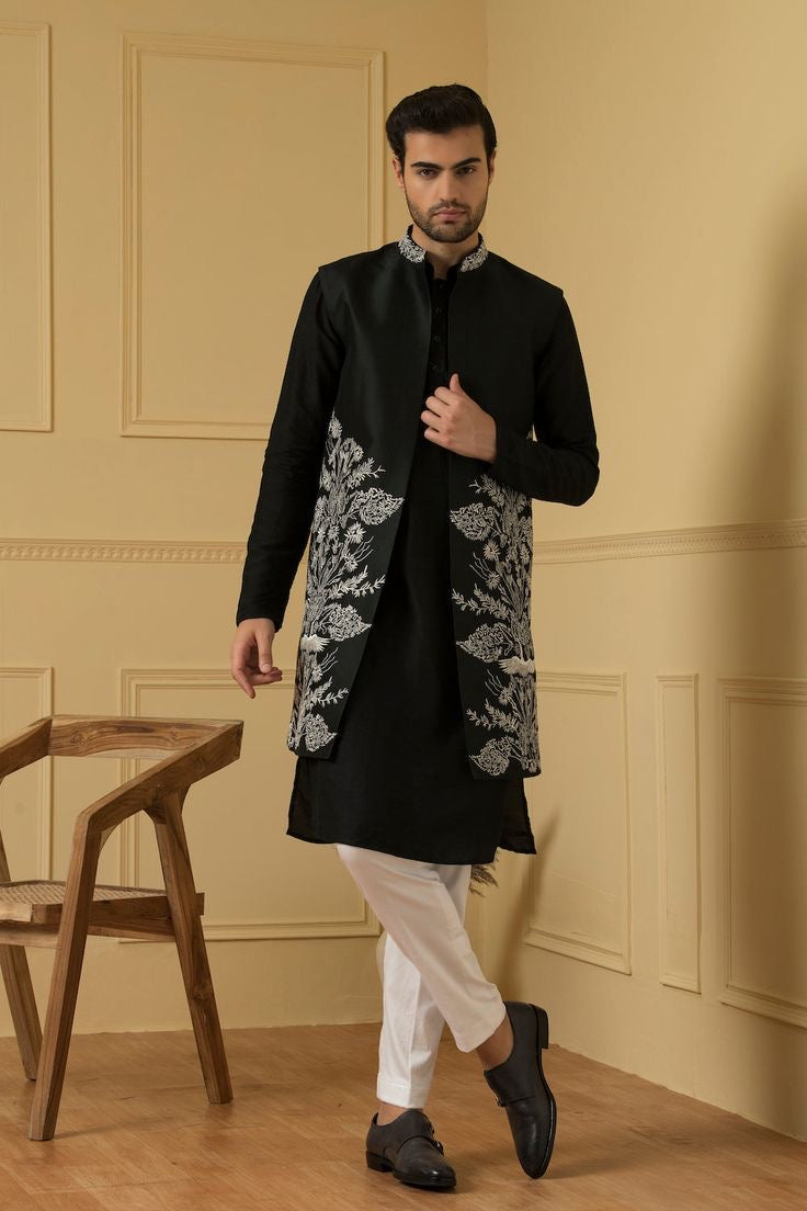 Men's Black Thread Embroidery long Jacket Set