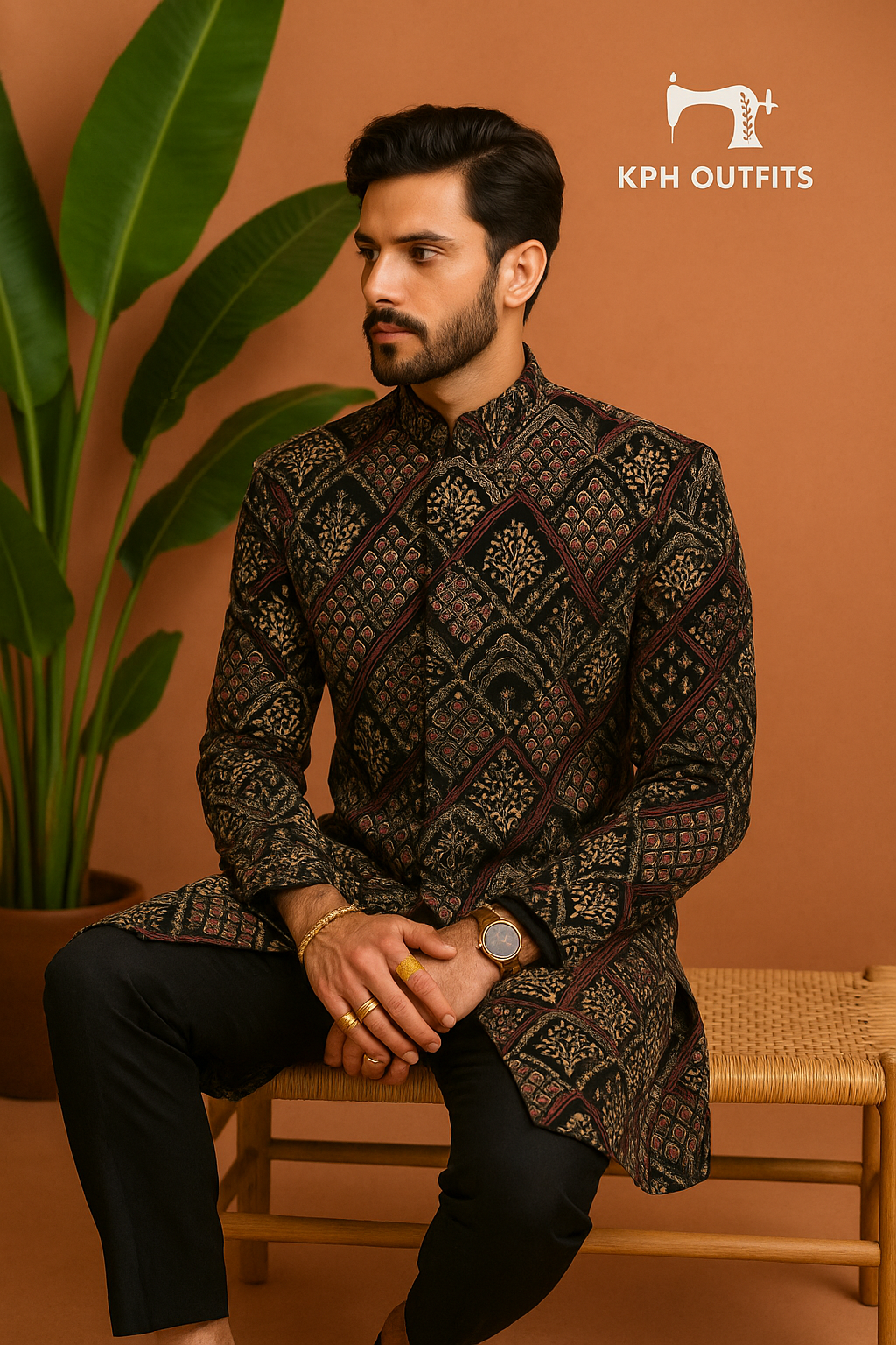 Men's Black Velvet Designer Sherwani Set – Luxurious 2-Piece Outfit for Grooms – KPH Outfits