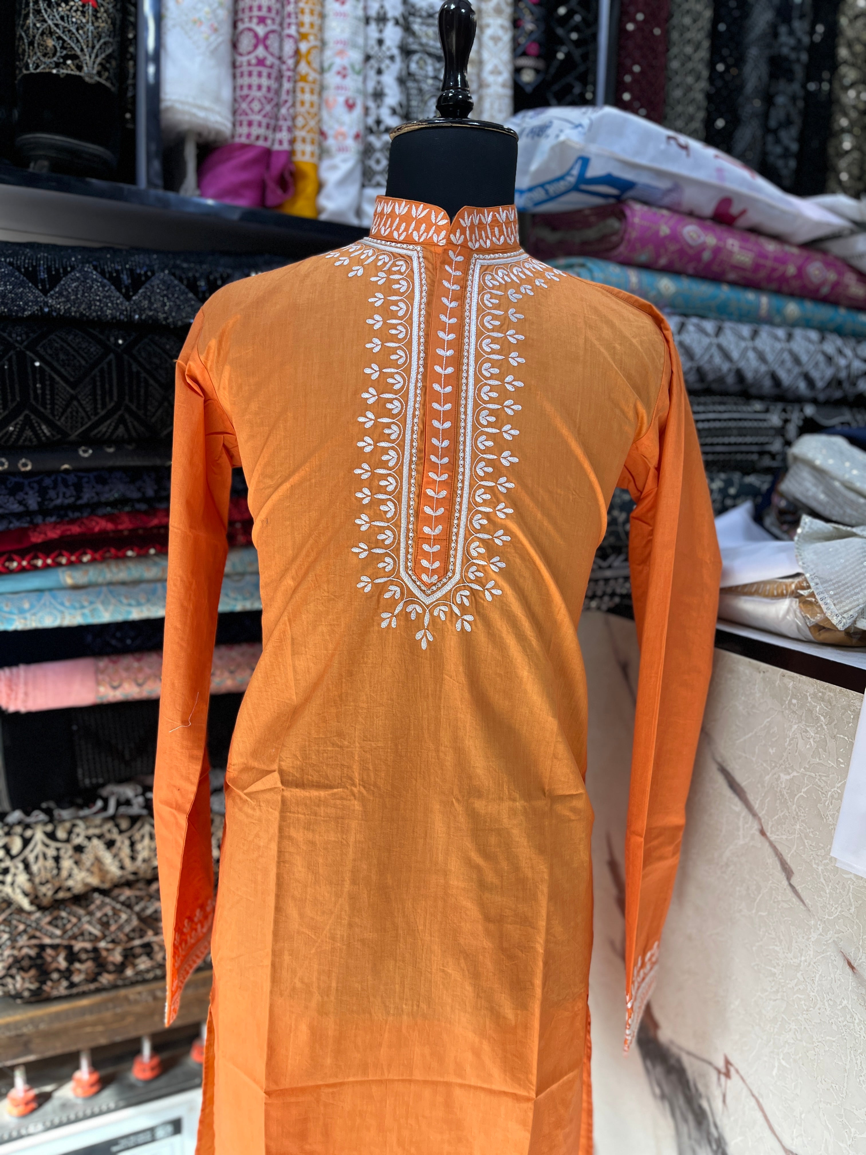 Men's Orange Neck Embroidery Cotton kurta Set