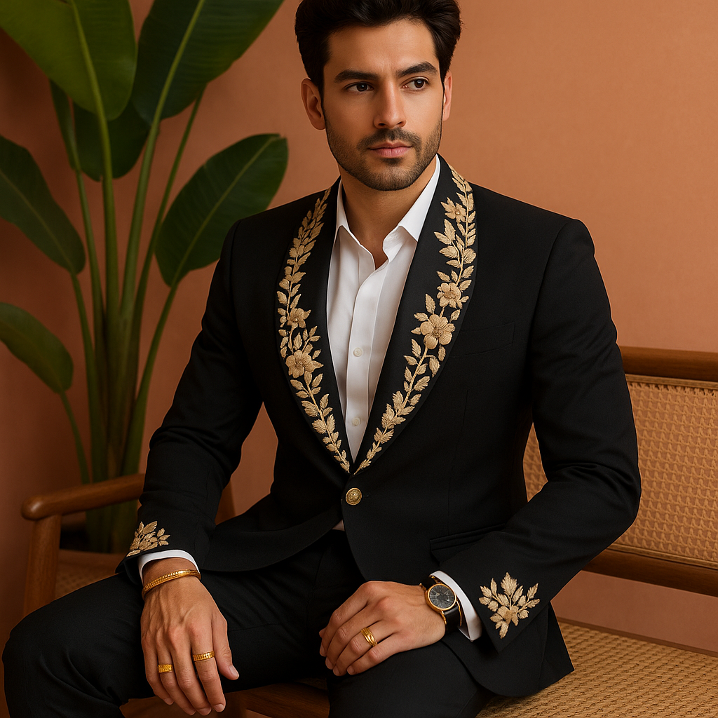 Men's Black Handcrafted Zardozi Work Shawl Lapel Tuxedo Suit by KPH Outfits