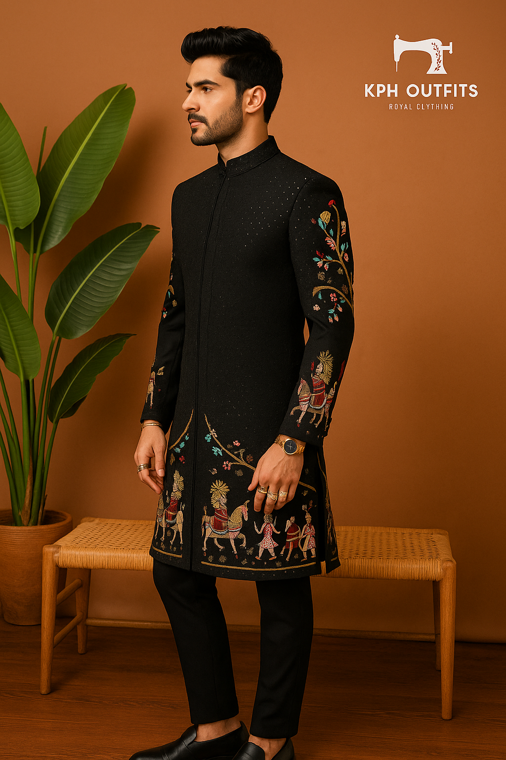 Men's Black Multi-Colour Thread Embroidery Rath Pattern Silk Sherwani – Designer Groom Outfit – KPH Outfits