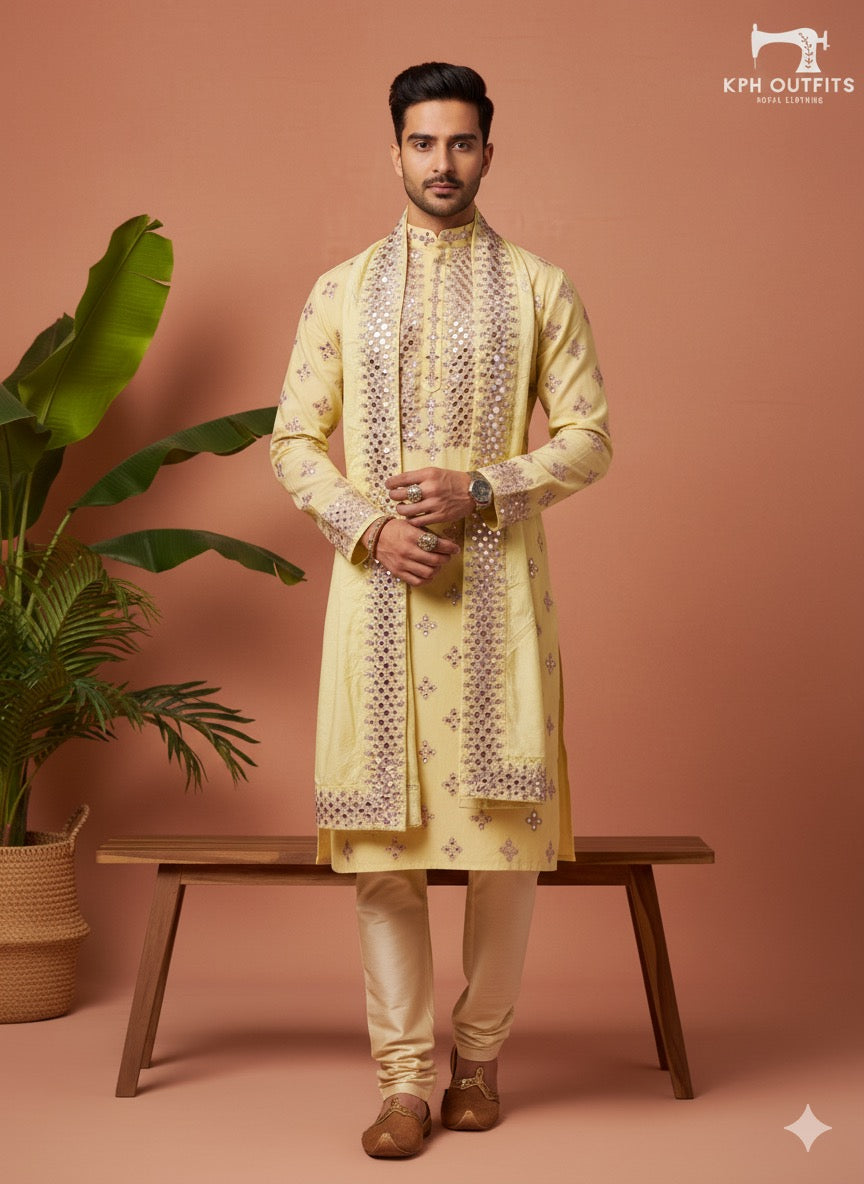 Designer pastel yellow kurta pajama with real mirror work and matching dupatta