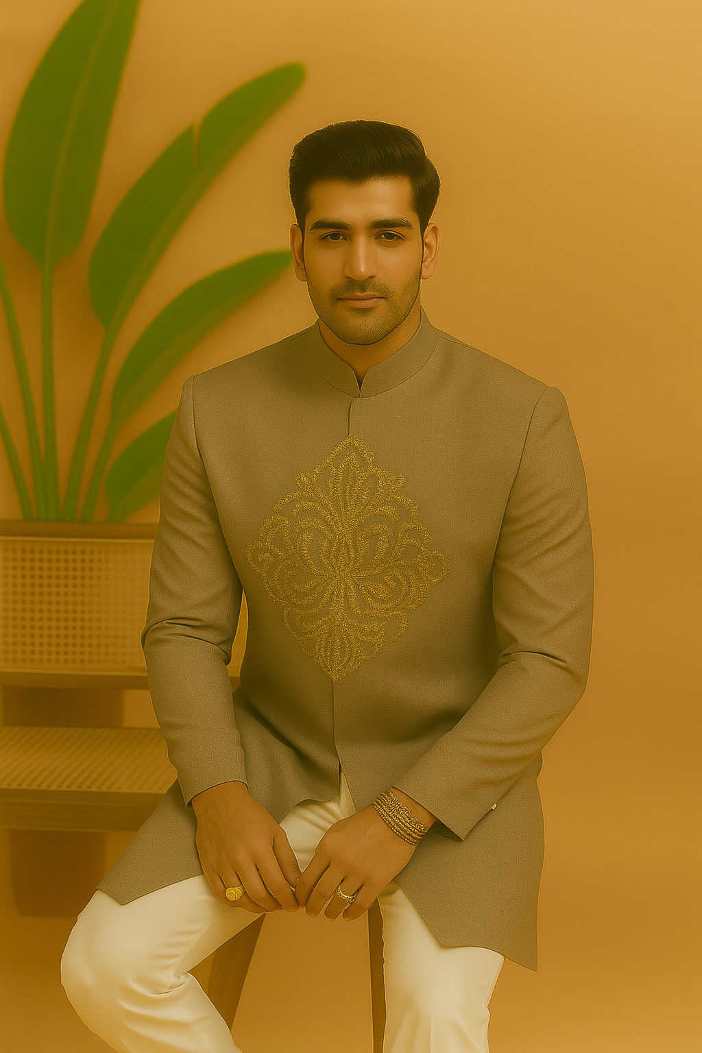 A photograph of a man in a stylish Indo-Western suit, highlighting the quality of the Japanese fabric and the unique design.

