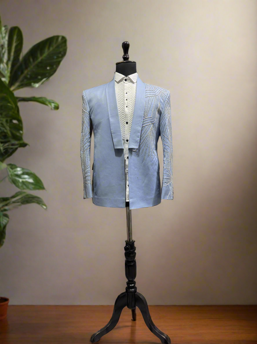 Groom Special Sky Blue White Crystal Handcrafted Tuxedo Suit By Kphoutfits