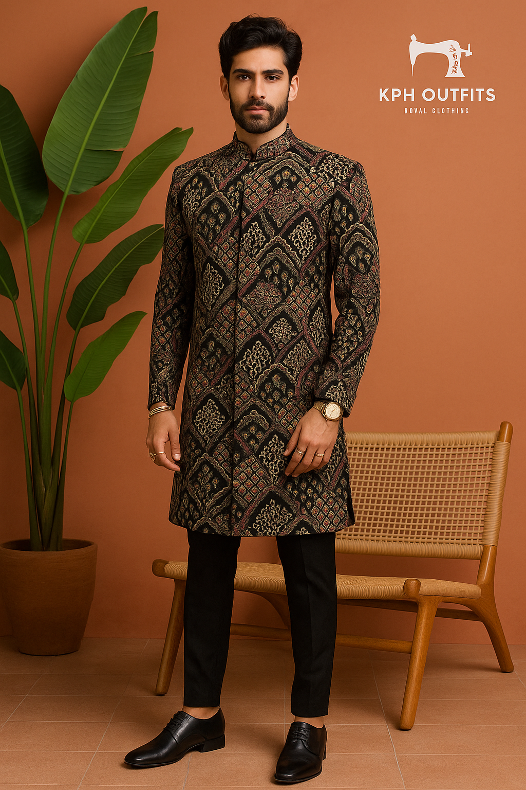 Men's Black Velvet Designer Sherwani Set – Luxurious 2-Piece Outfit for Grooms – KPH Outfits