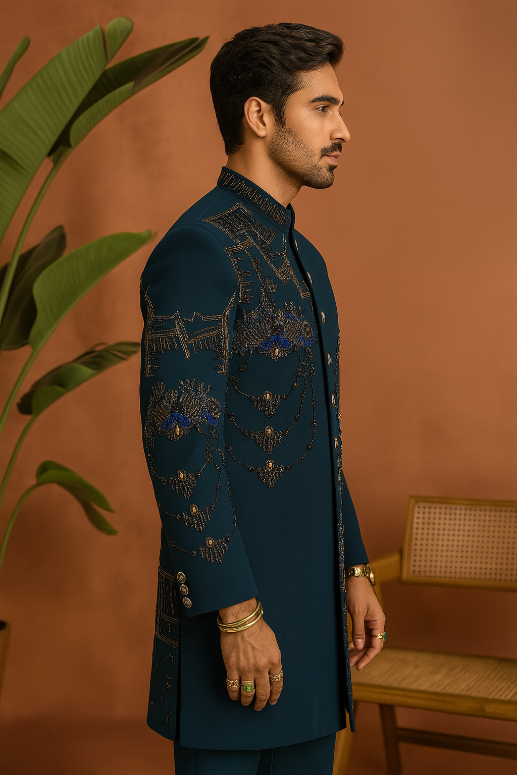 Handcrafted cut-work Indo-Western jacket in peacock green – KPH Outfits