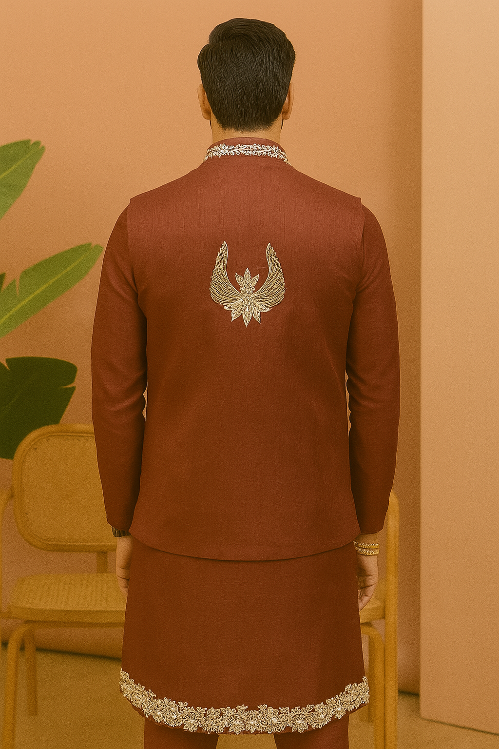 A full-body side view of the man in the wedding outfit, showcasing the complete look