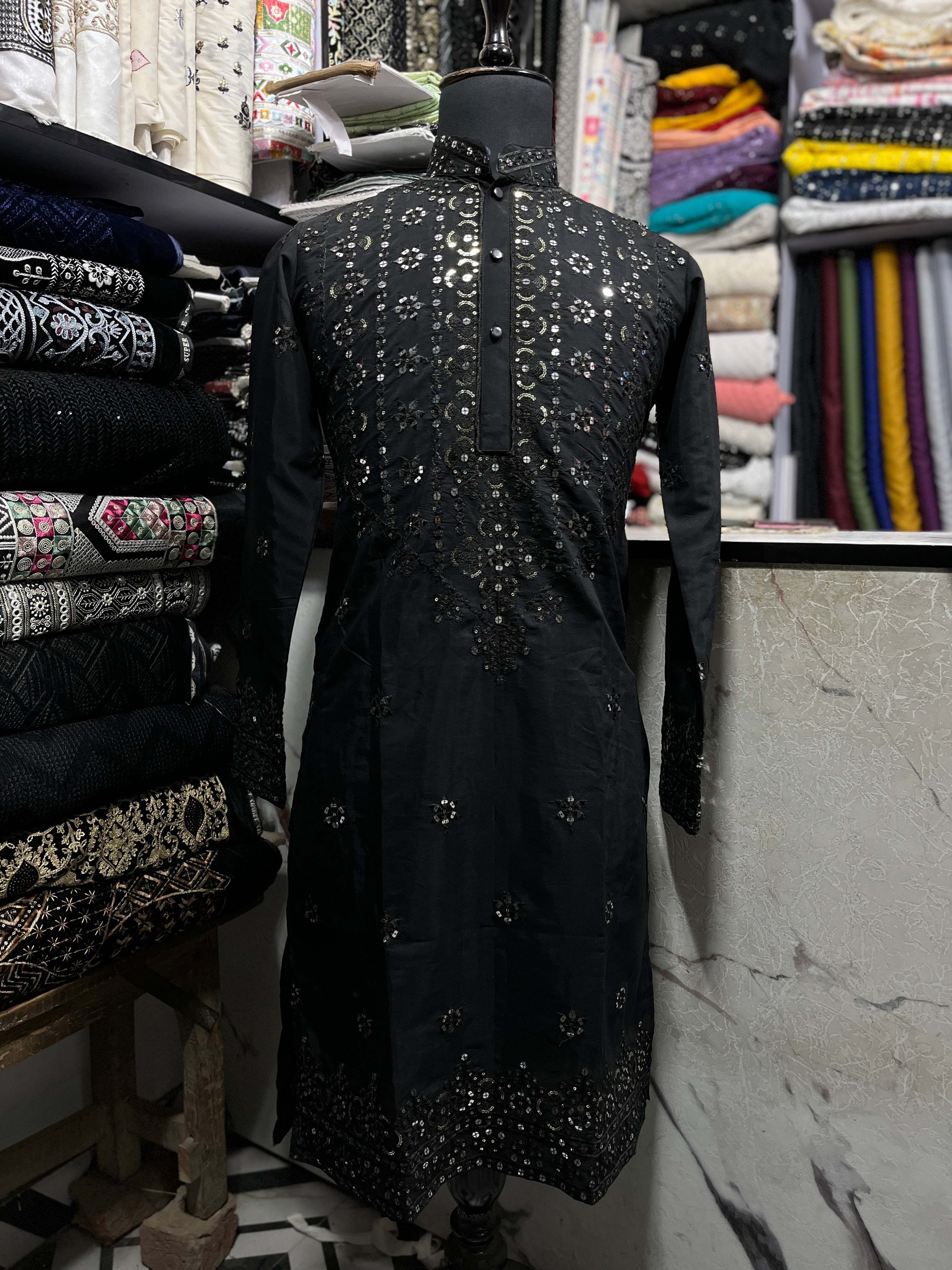 Men's Black Sequence Kurta Set