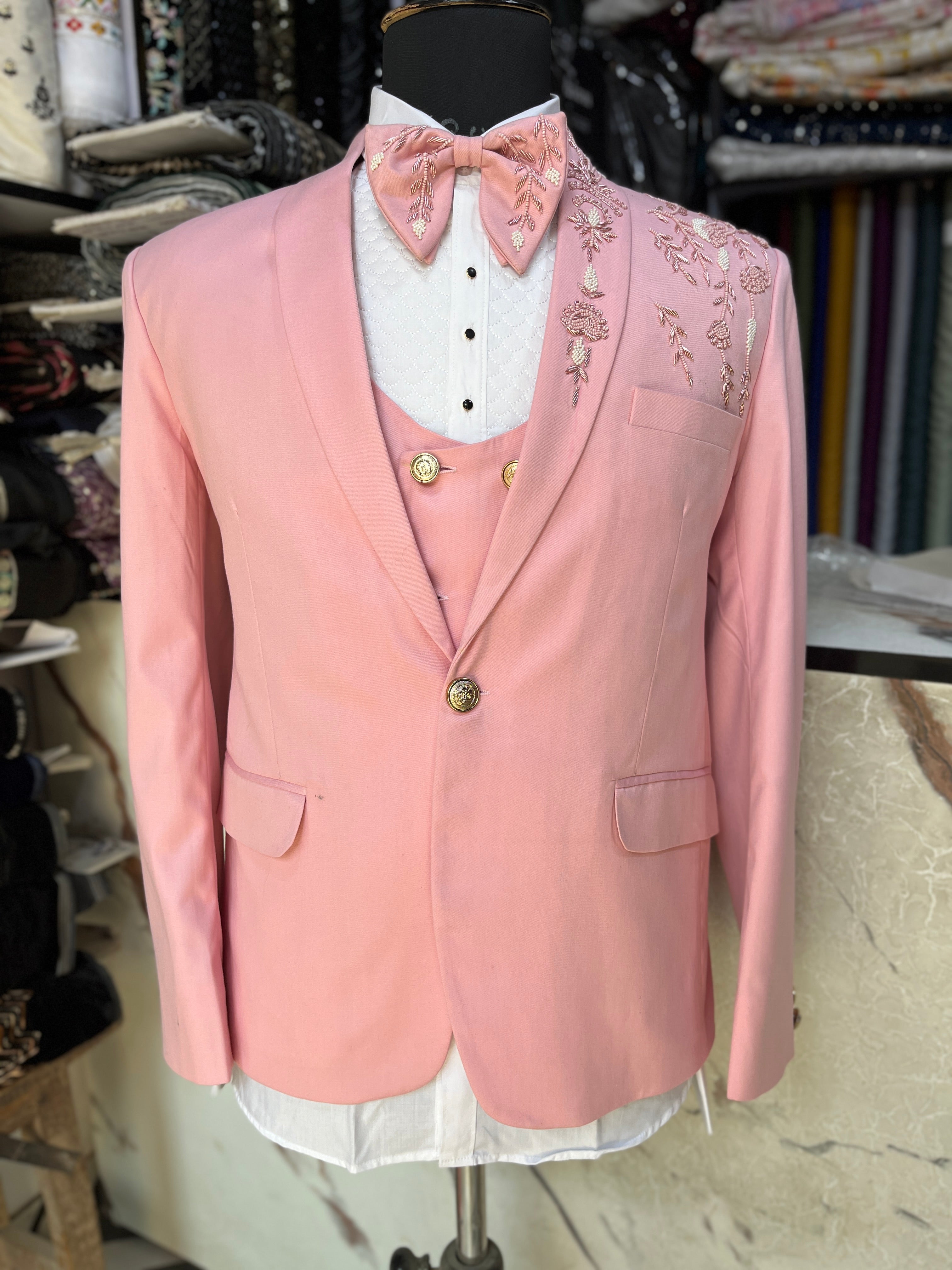 Men's Pink Handcrafted Zardozi Work Shawl Lapel Tuxedo Suit