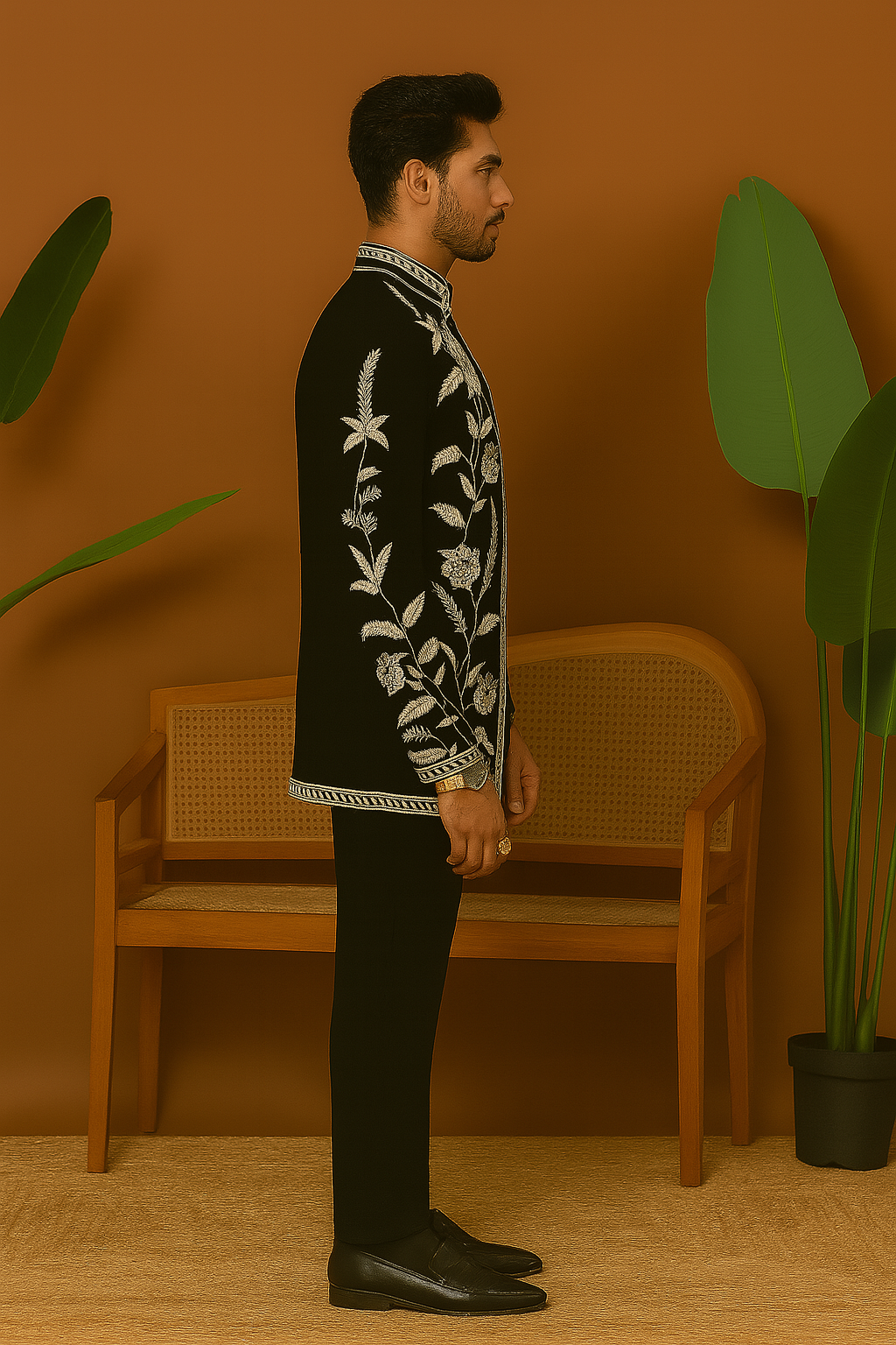 A side view of the man in the bandhgala suit, showcasing the fit and cut of the outfit.

