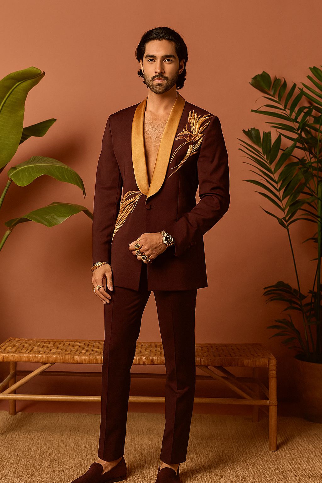 A photograph of a man in a stylish tuxedo, emphasizing the quality of the Japanese fabric and the unique design.

