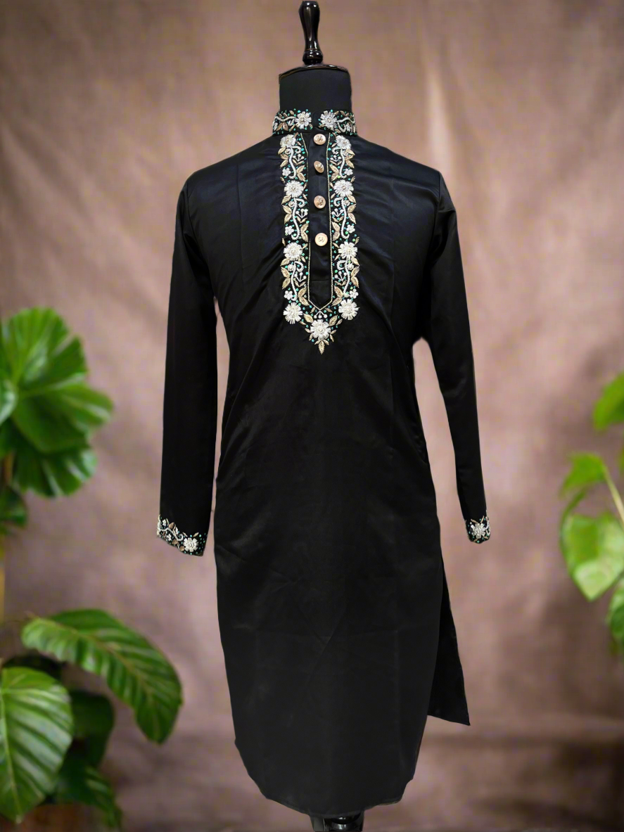 Full view of black satin kurta set with zipper-style pants.