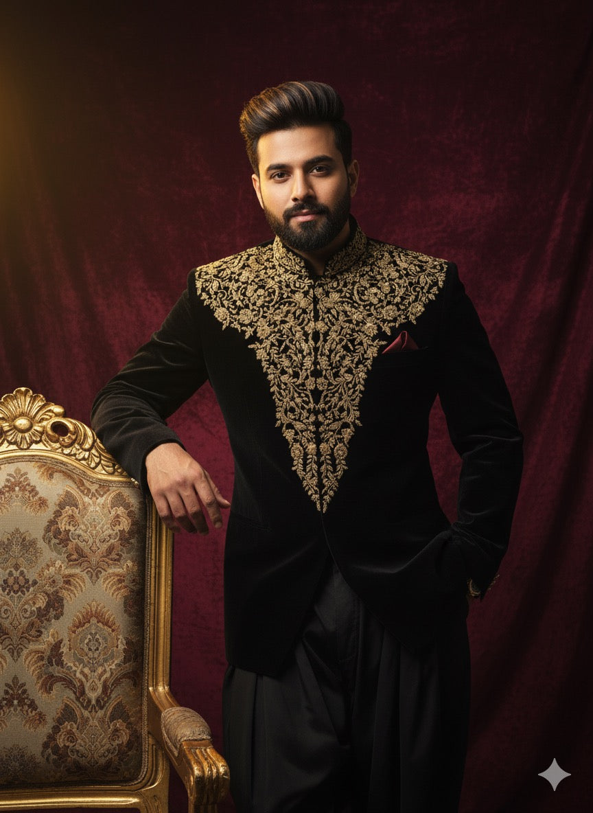 Handcrafted KPH Outfits Jodhpuri with tailored black pleated trousers.