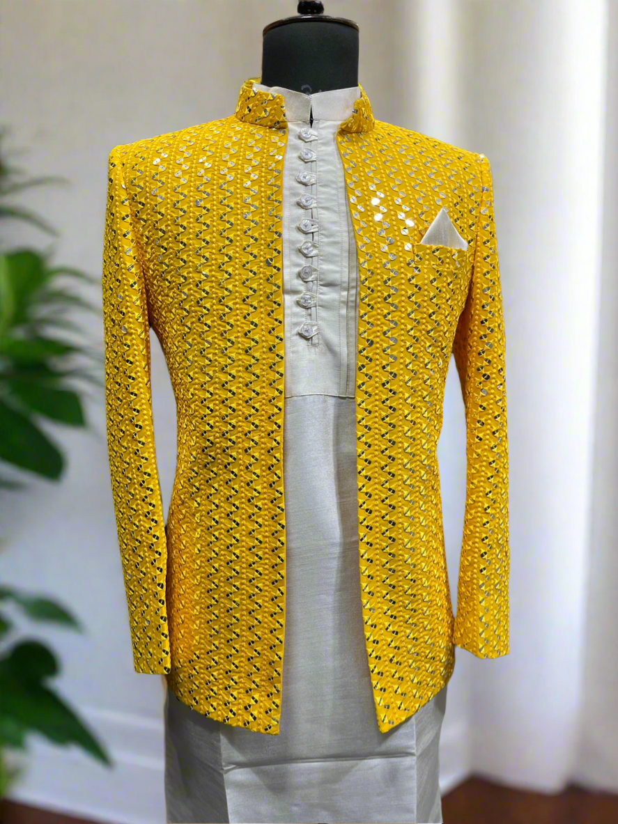 Men's Yellow Mirror Work Jodhpuri Set for Elegant Occasions - KPH Outfits