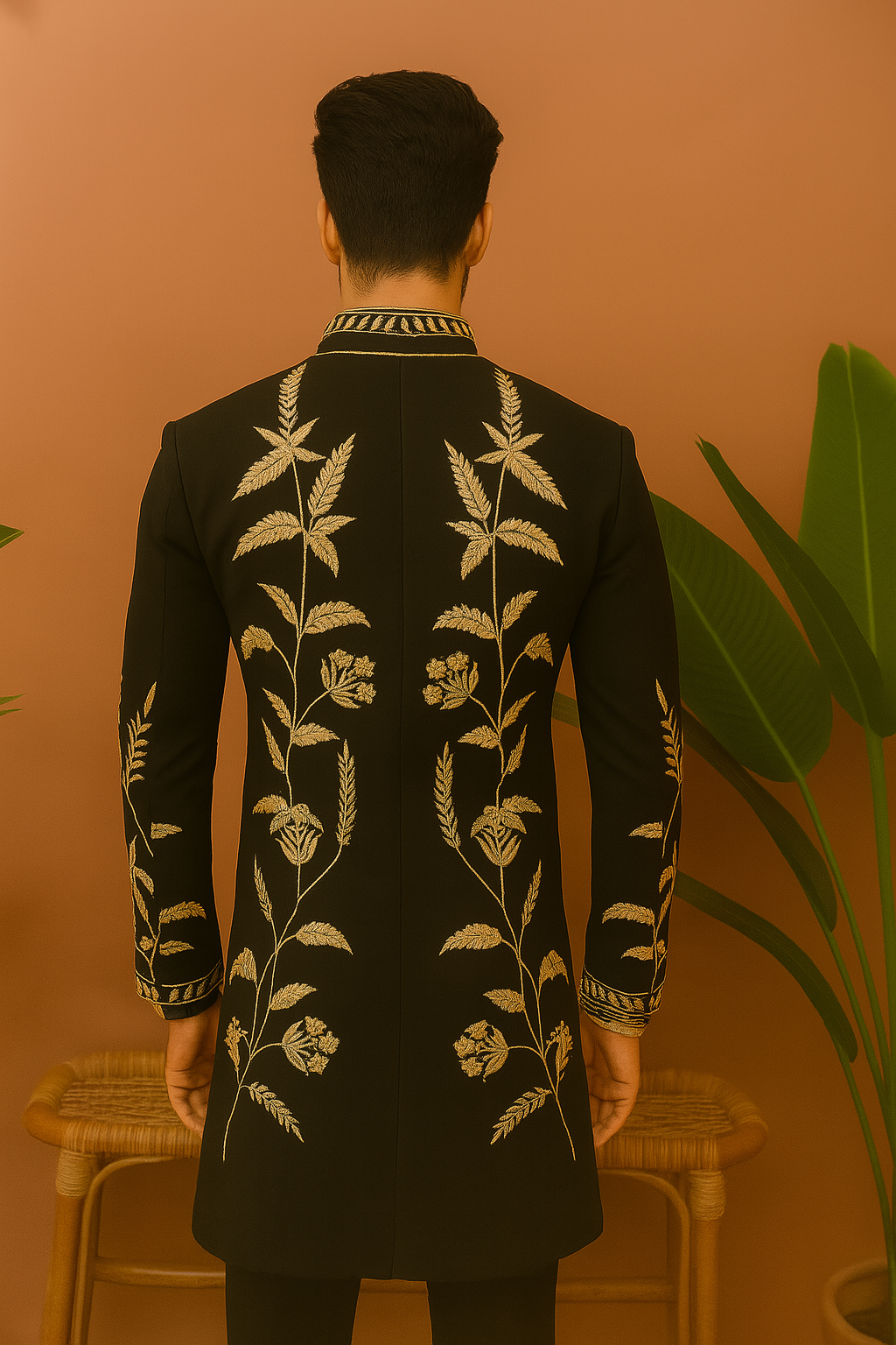 A side view of the man in the Indo-Western set, showing the fit and cut of the outfit.

