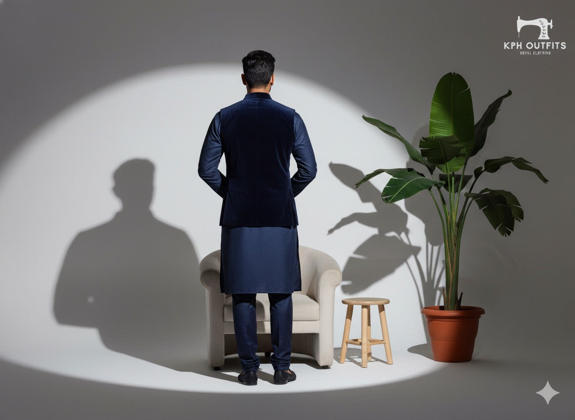 Back Side pose Of Navy Blue jackets set