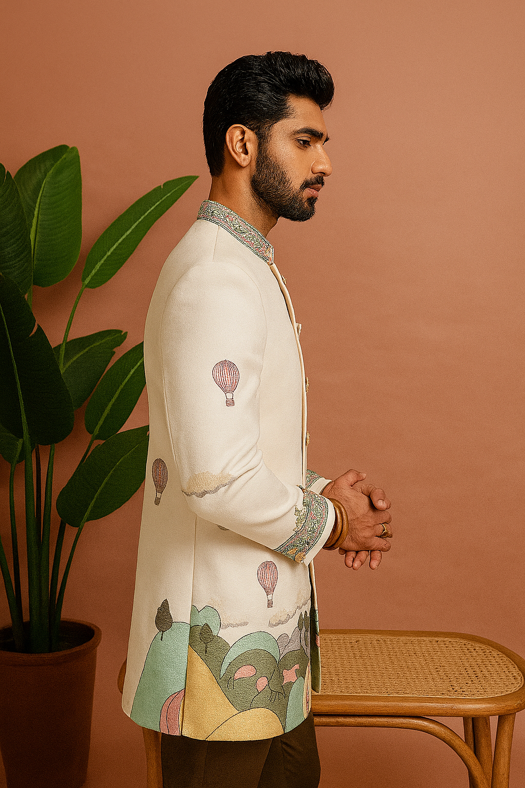 A back view of the man in the embellished Jodhpuri set, highlighting the details on the back of the jacket.

