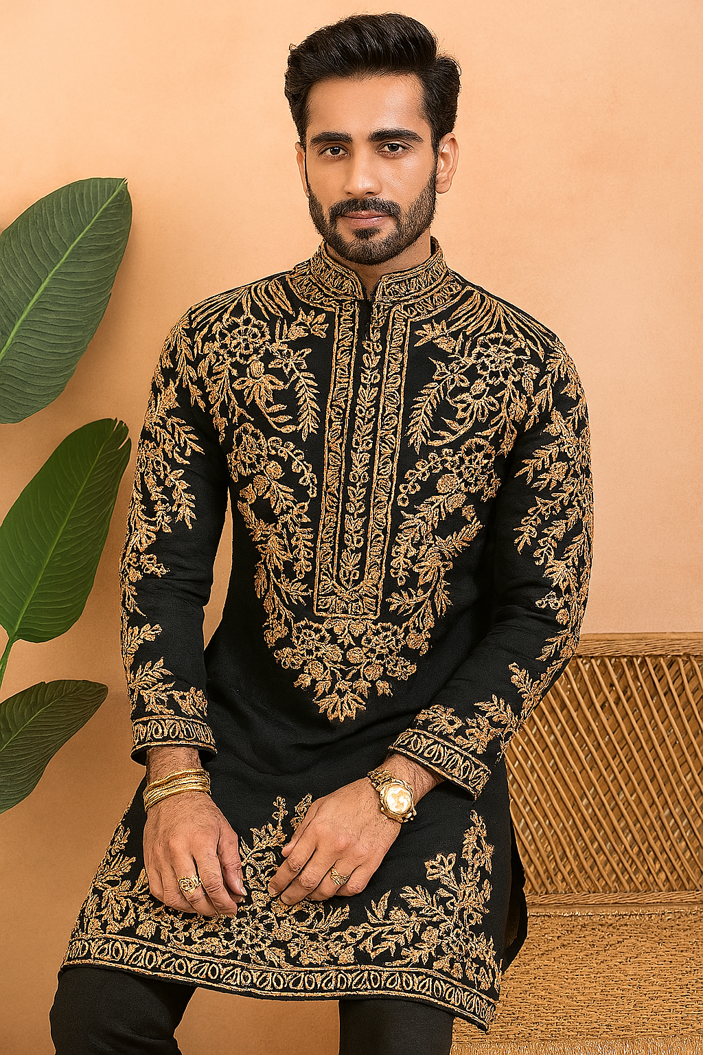 A photograph of a man in a stylish kurta, emphasizing the quality of the Japanese fabric and the unique design.

