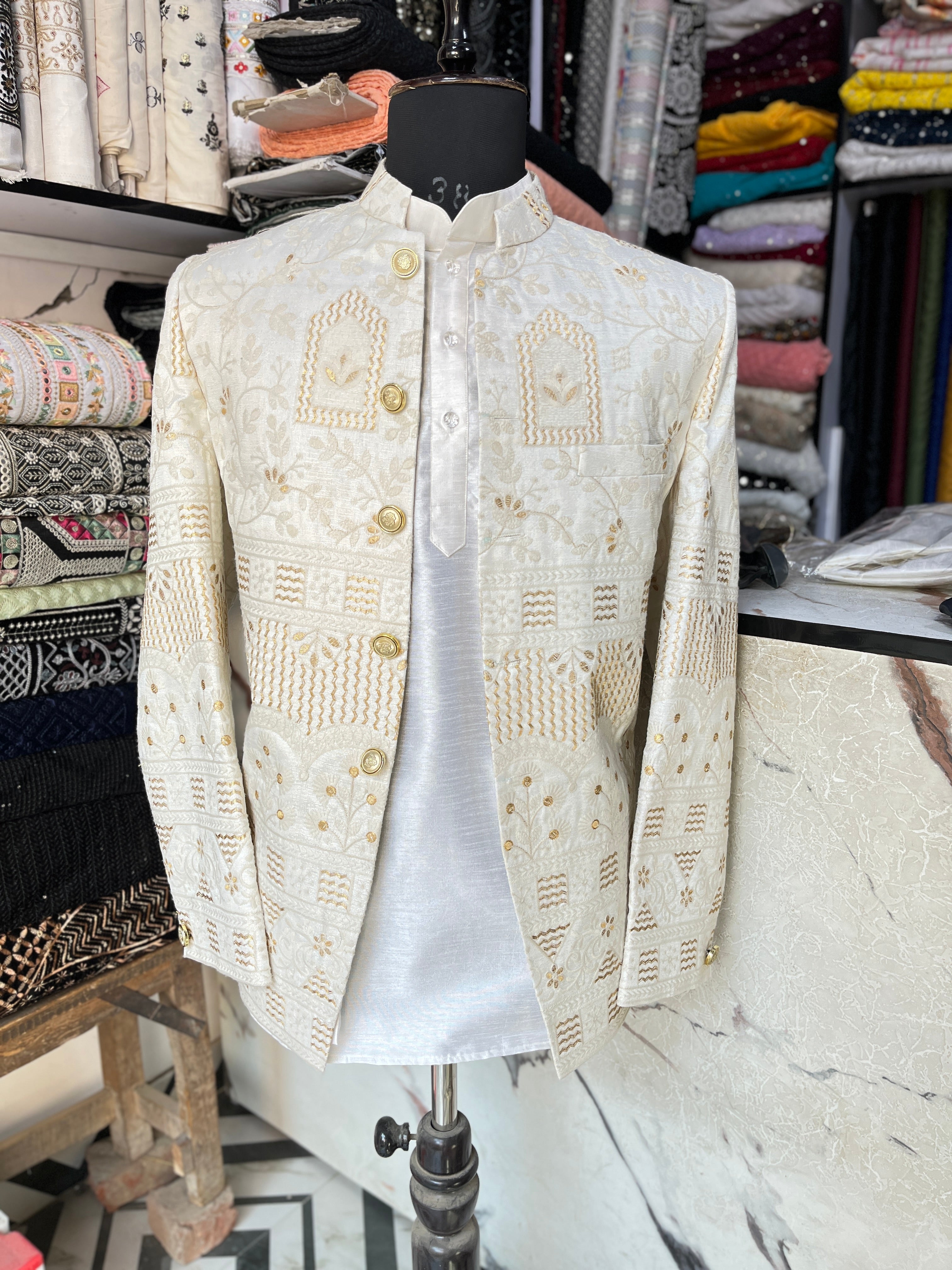 Men's Off White Silk Embroidery Jodhpuri Set