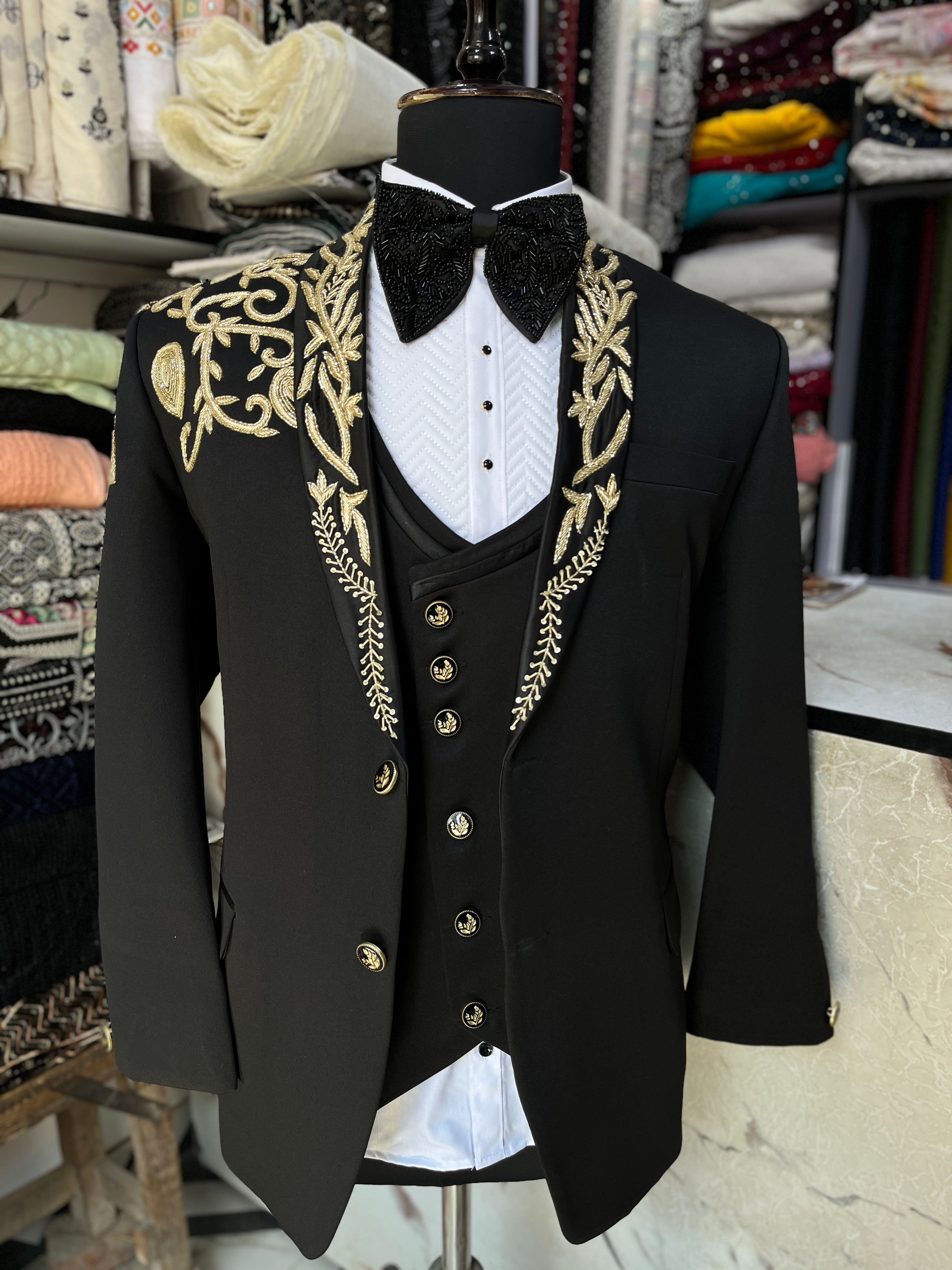 Men's Black Handcrafted Zardozi Work Tuxedo Suit