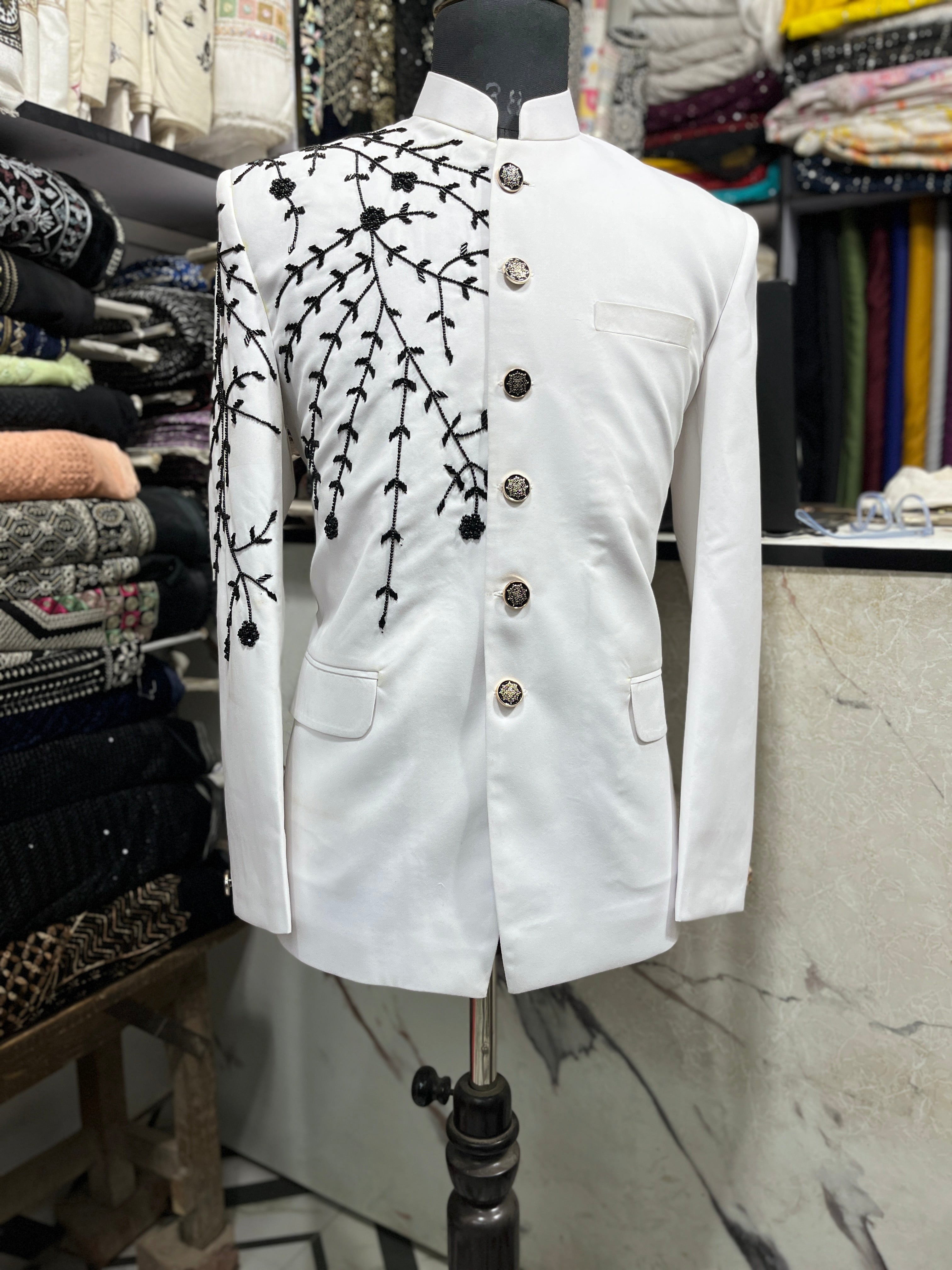 Men's White Handcrafted Cut Work Embroidery Jodhpuri Set