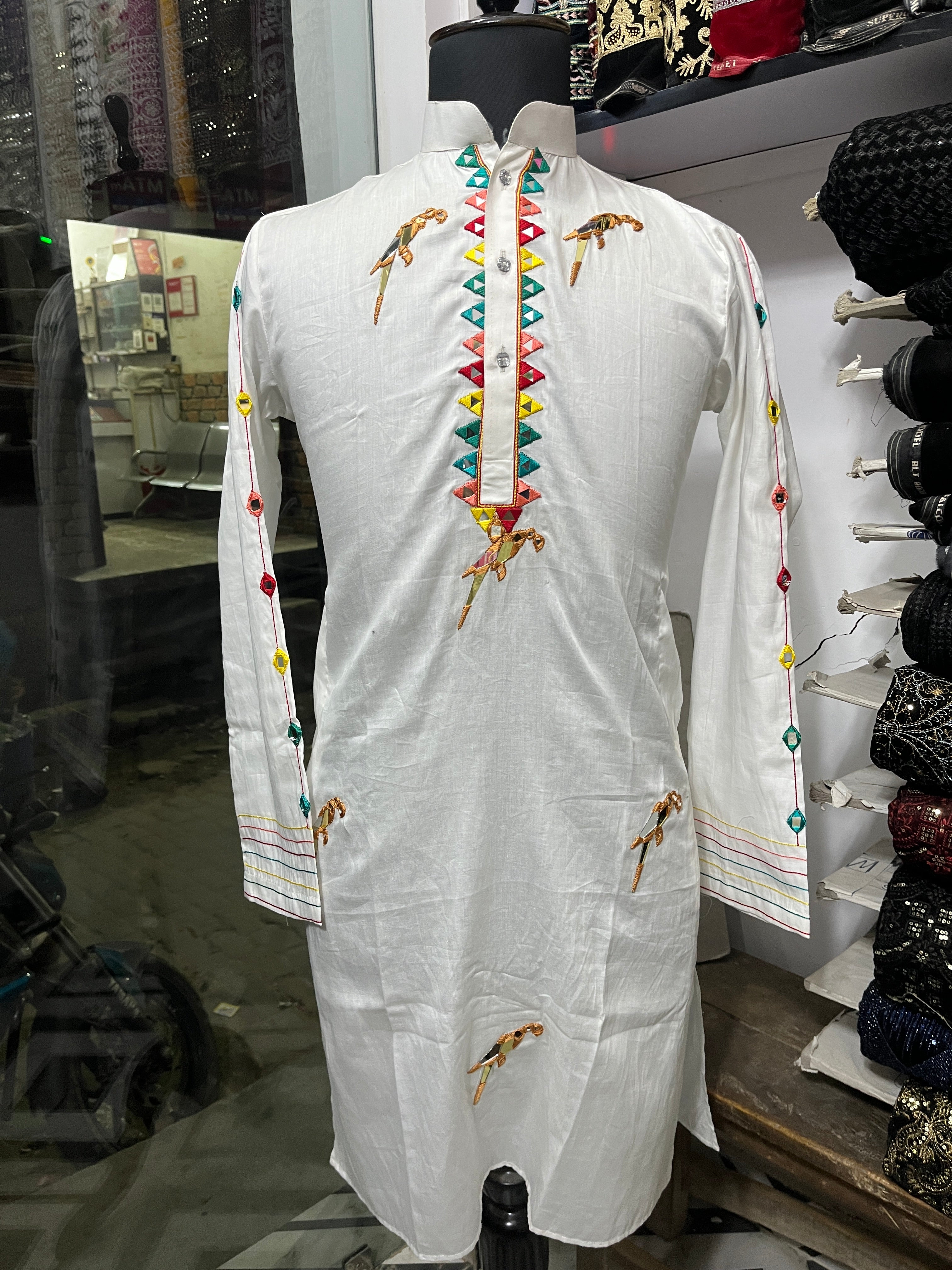 Men's White Handcrafted Popad Real Mirror Kurta Set