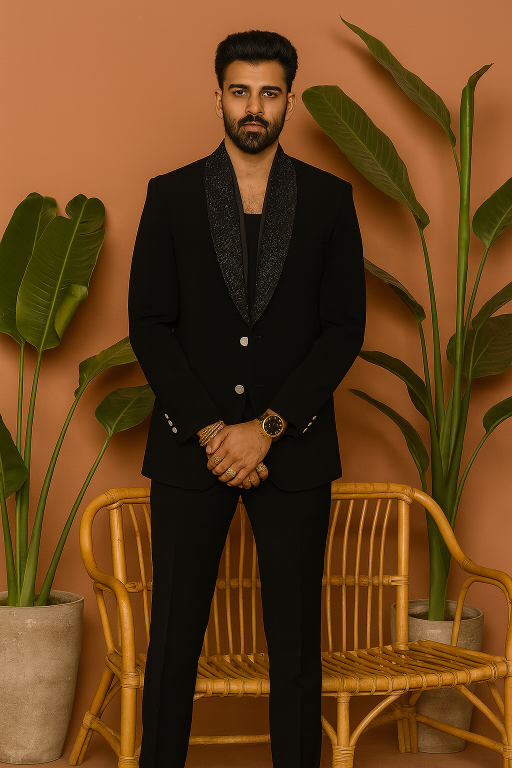 A front view of a man in a black tuxedo suit with a jeweled or embellished shawl lapel, posing elegantly.