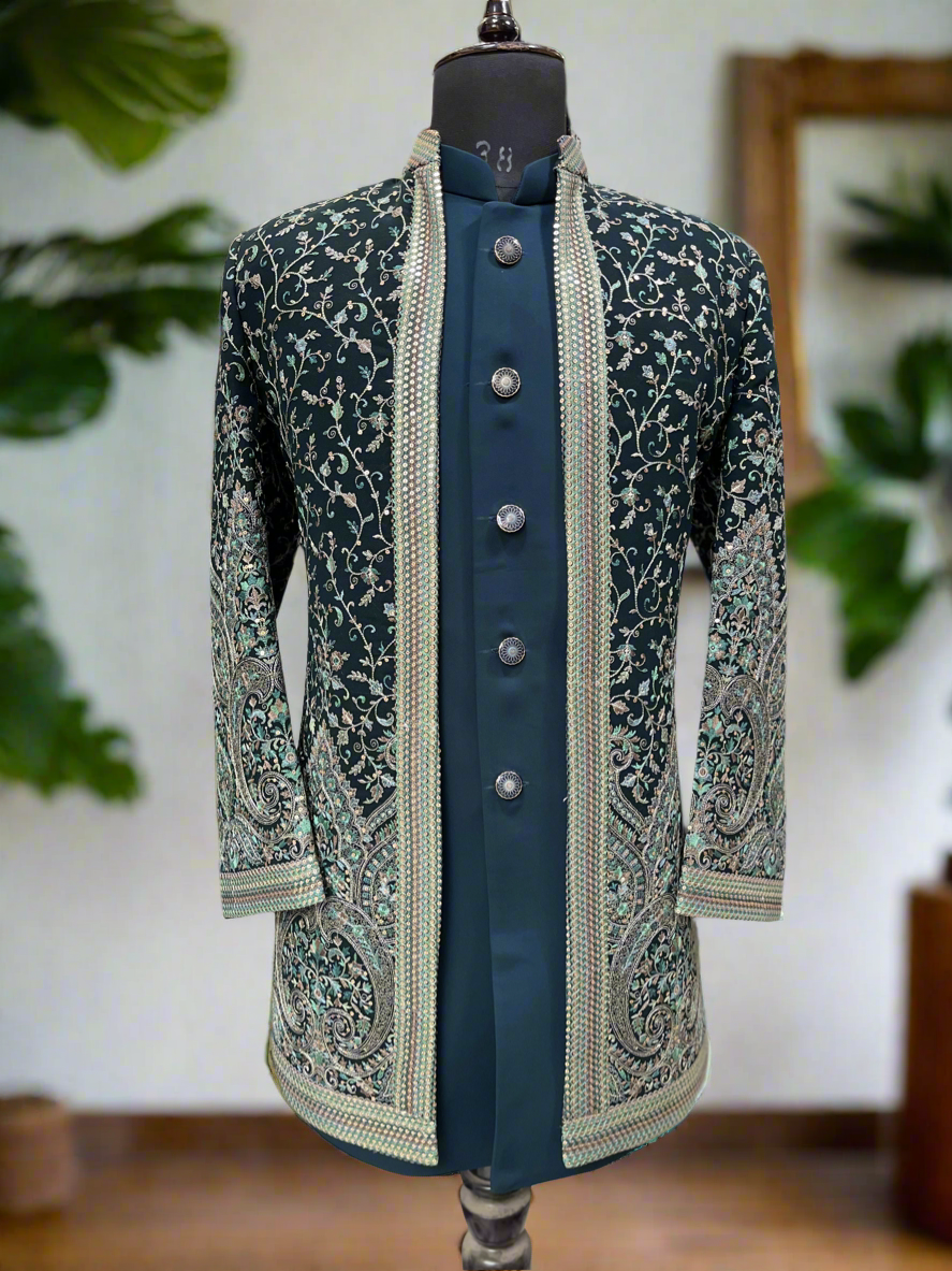 Teal Blue Kalamkari Embroidered Open Indo-Western Set for Men – KPH Outfits