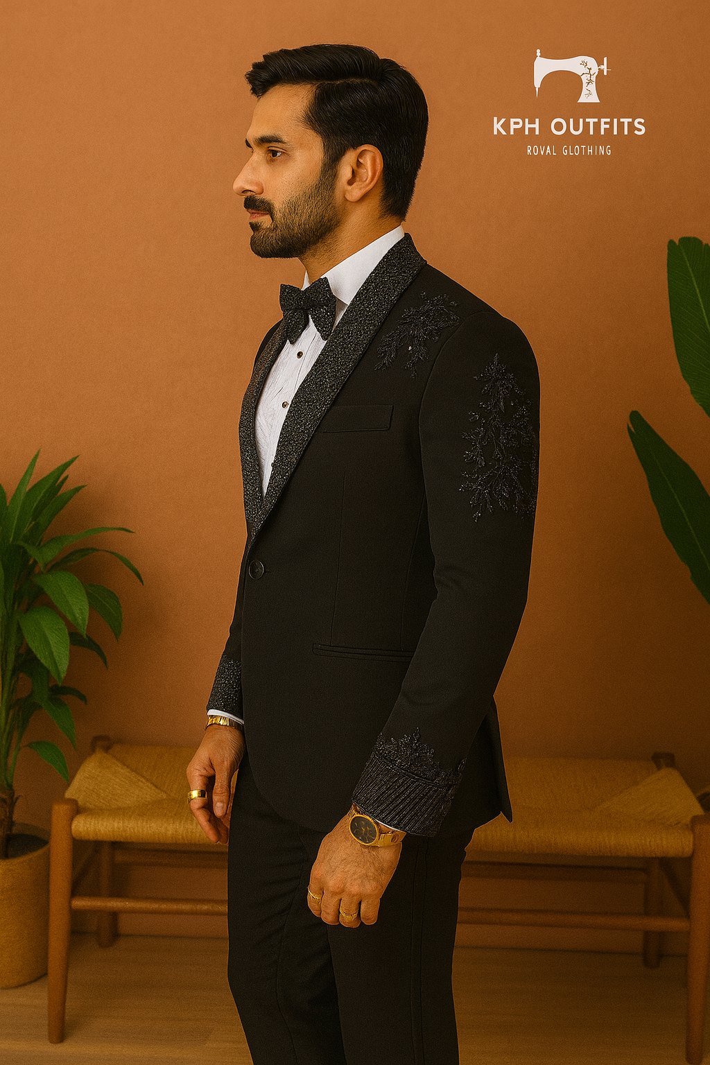 Men's Black Handcrafted Tuxedo Suit with Cut Work Detailing By KPH Outfits