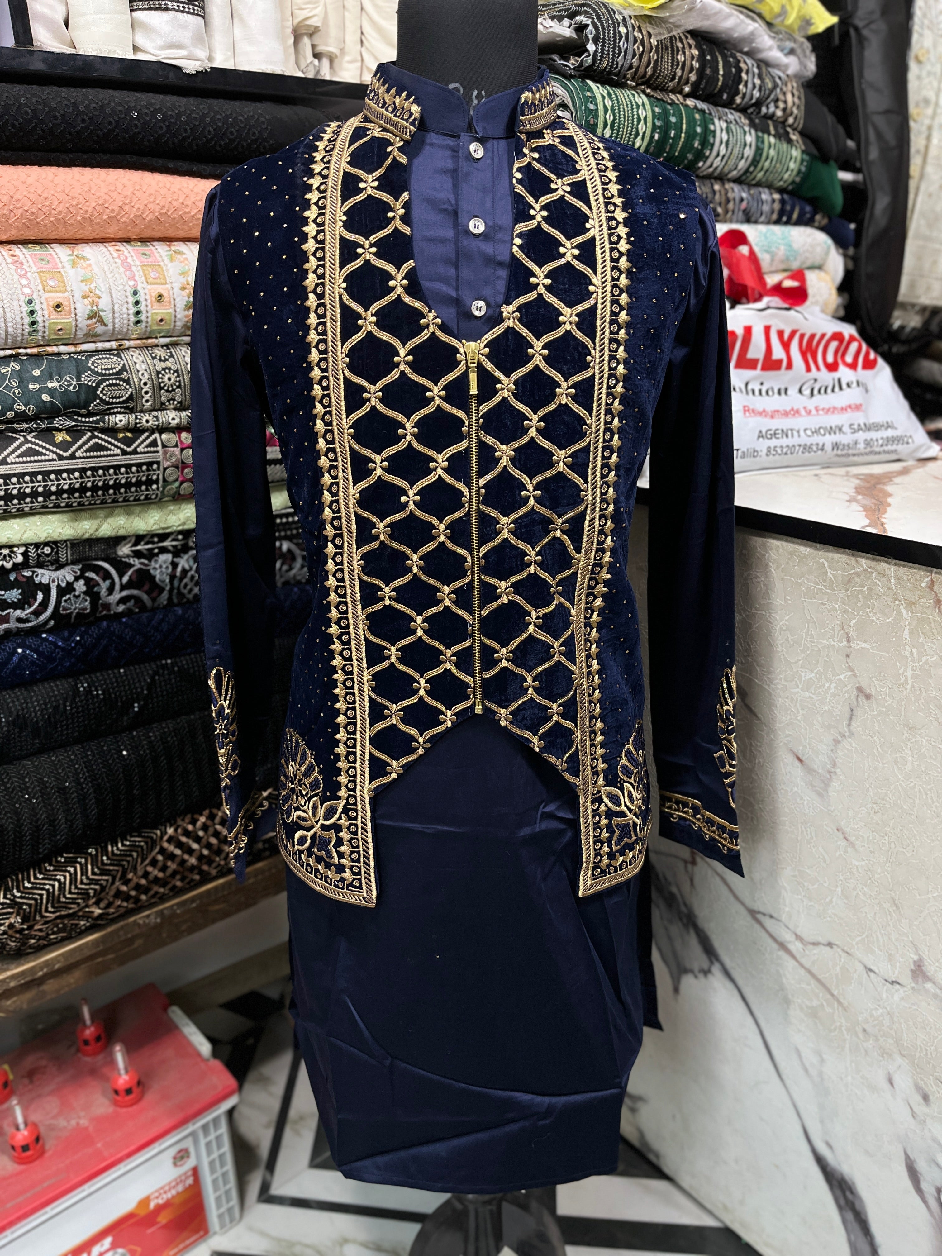 Men's Navy Blue Karan Aujla Handcrafted Zardozi Nehru Jacket Set