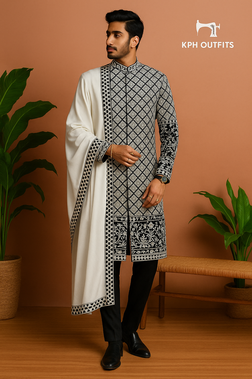 Men's Black SRK Style Velvet Sherwani with Shawl – 3-Piece Designer Outfit – KPH Outfits