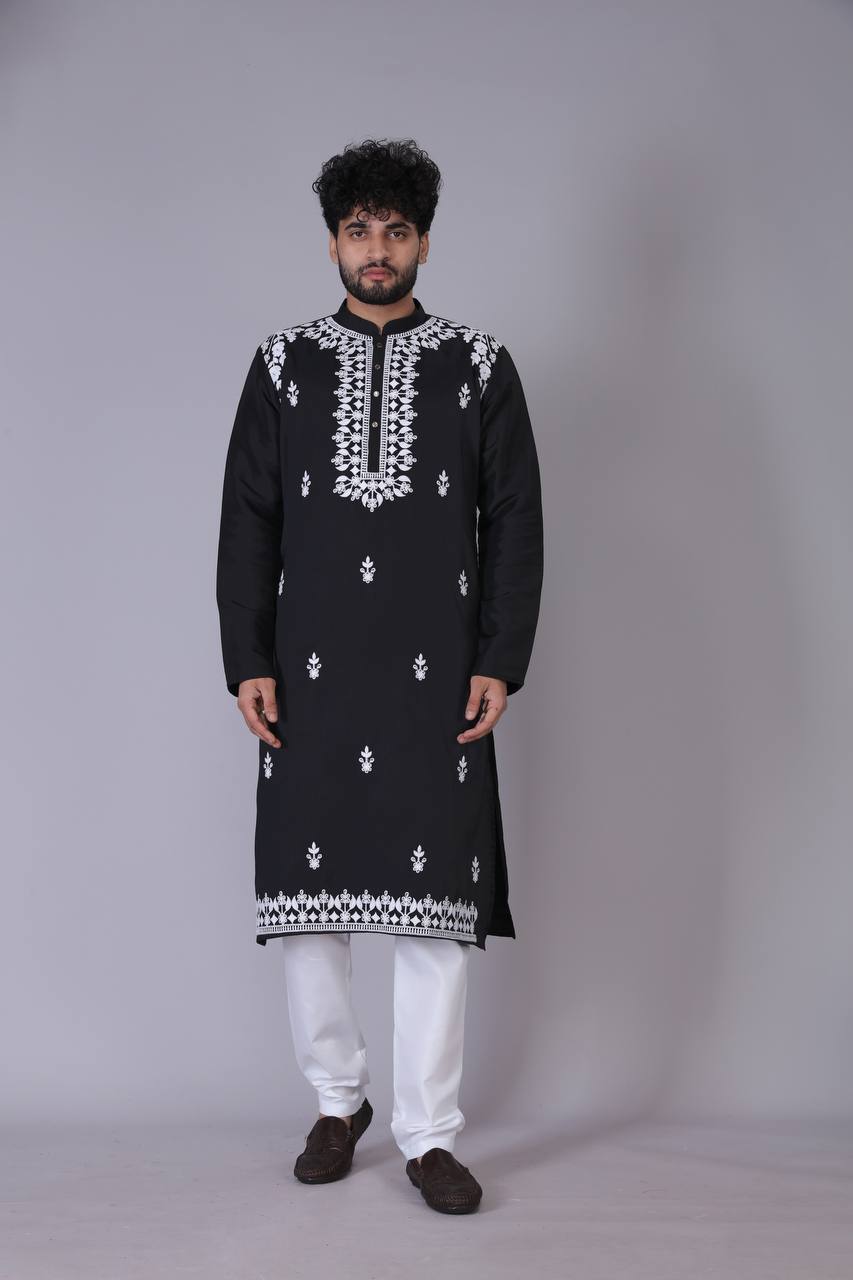 Men's Black Stylish Embroidery  Kurta Set