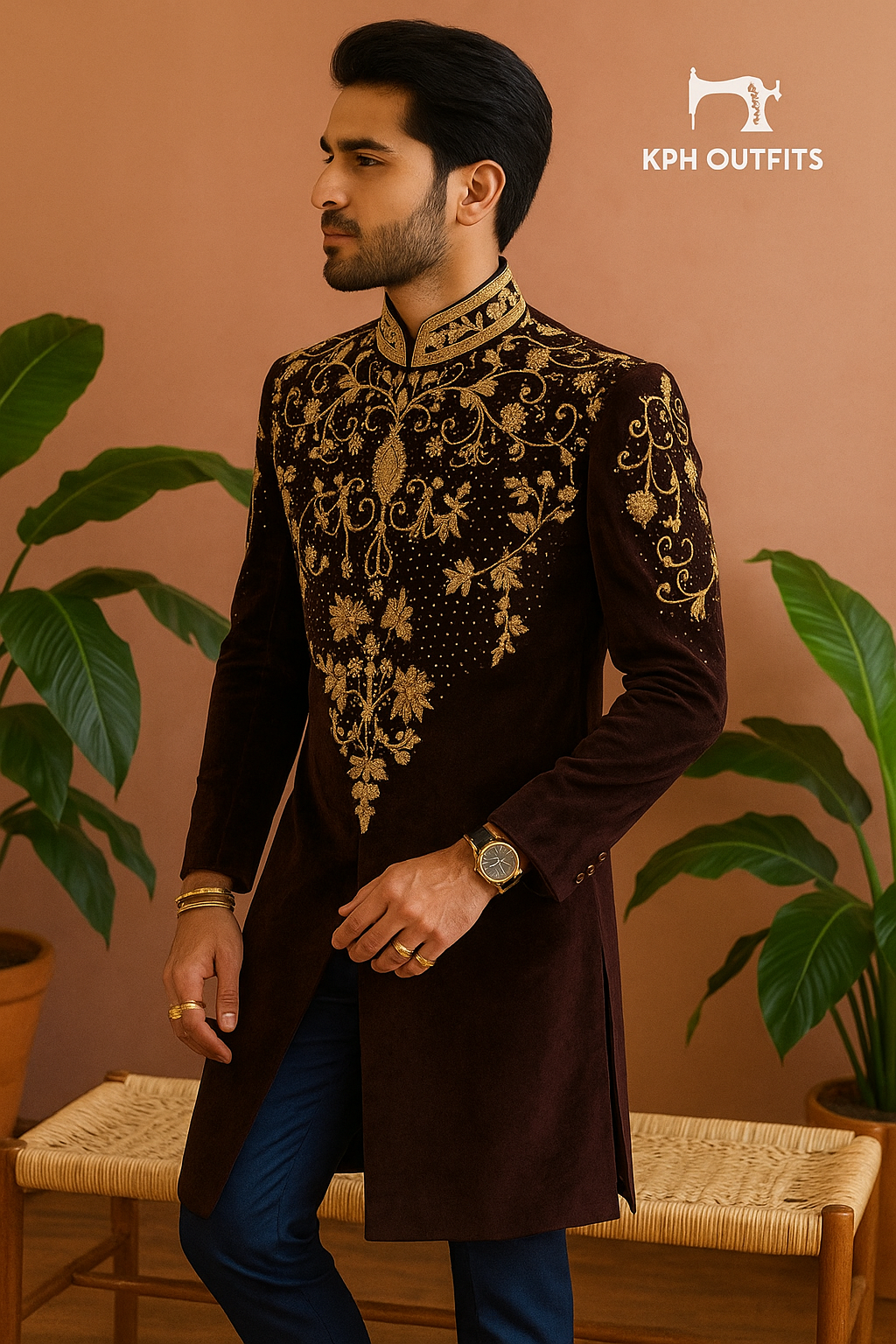 Men's Black Velvet Handcrafted Golden Work Sherwani Set – Premium Wedding & Engagement Outfit – KPH Outfits