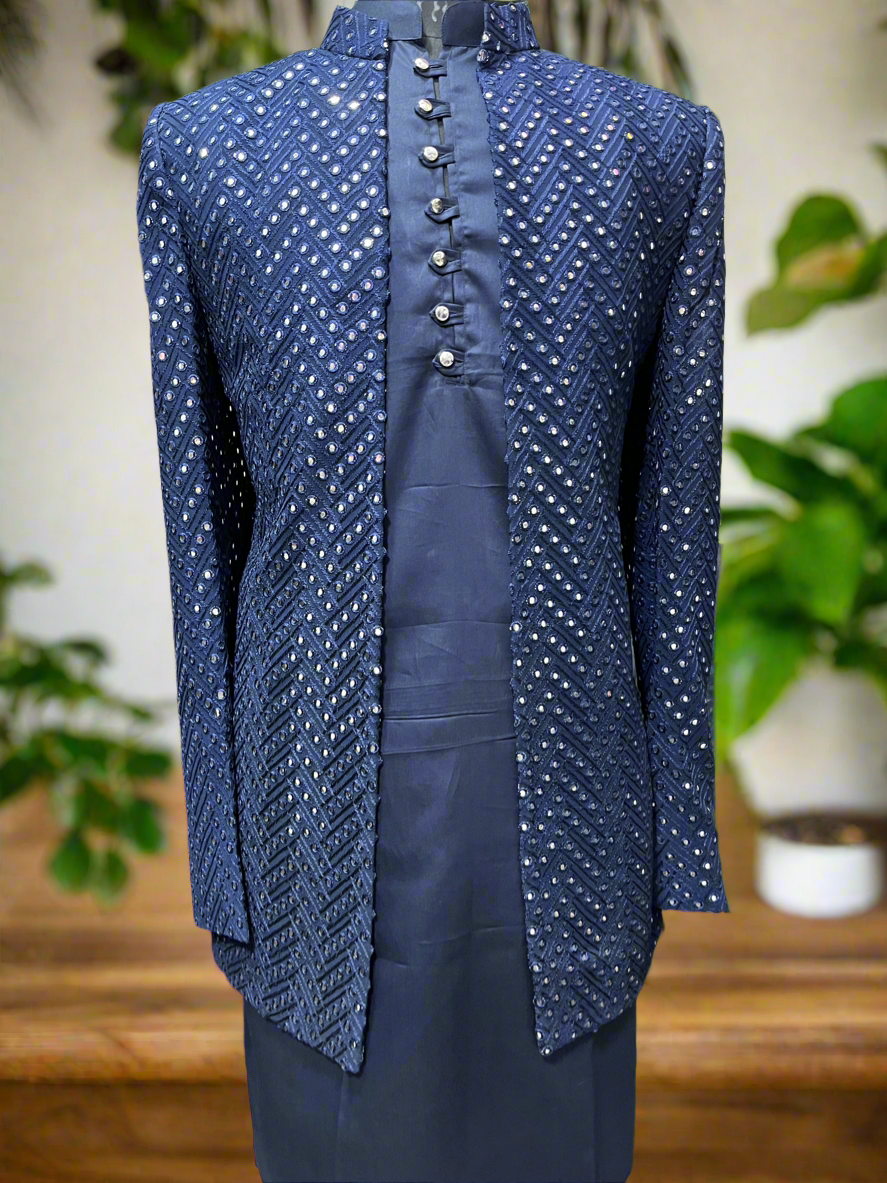 Navy Blue Mirror Style Indo-Western Set for Men – KPH Outfits