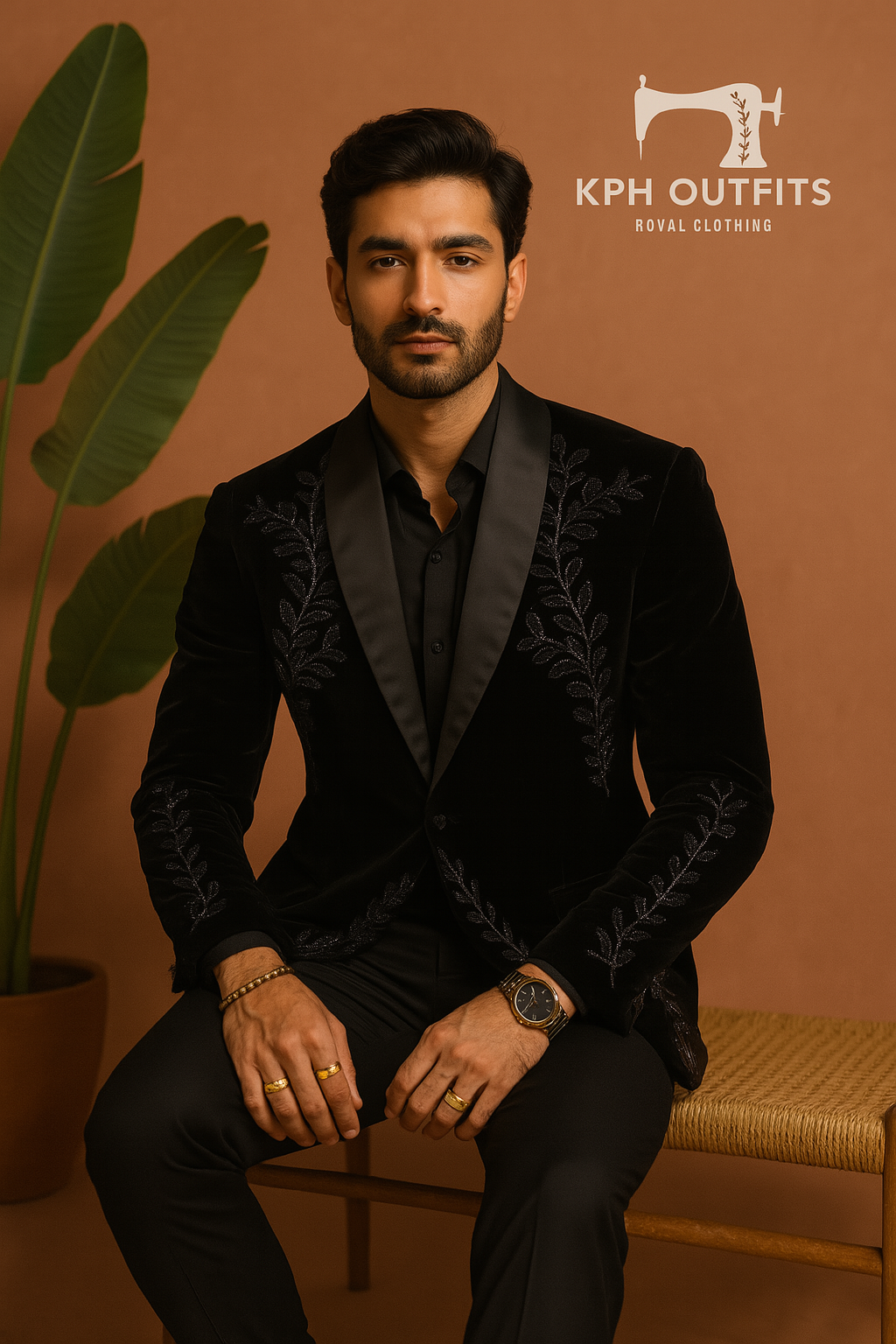 A photograph of a man in a stylish tuxedo, emphasizing the quality of the velvet fabric and the overall craftsmanship.

