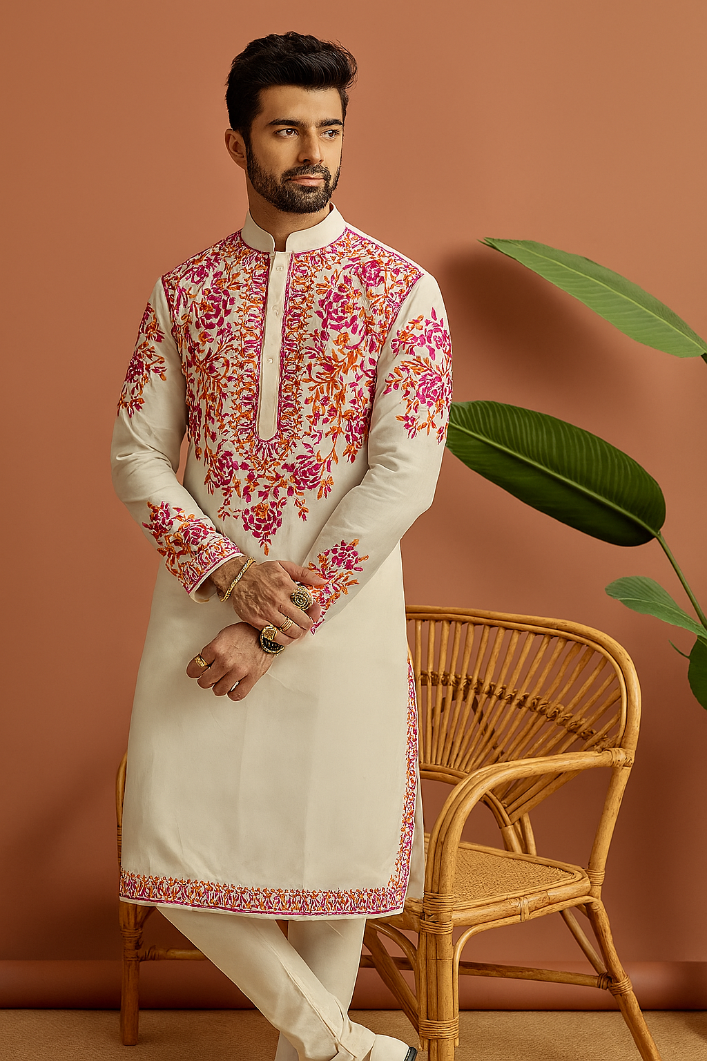 A photograph of a man in a stylish kurta, highlighting the quality of the fabric and the unique design.

