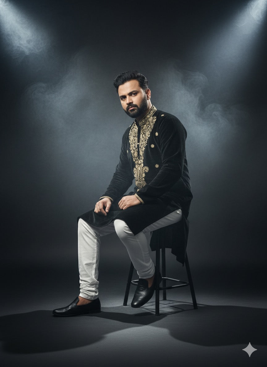 Luxury black and gold ethnic wear set for formal celebrations