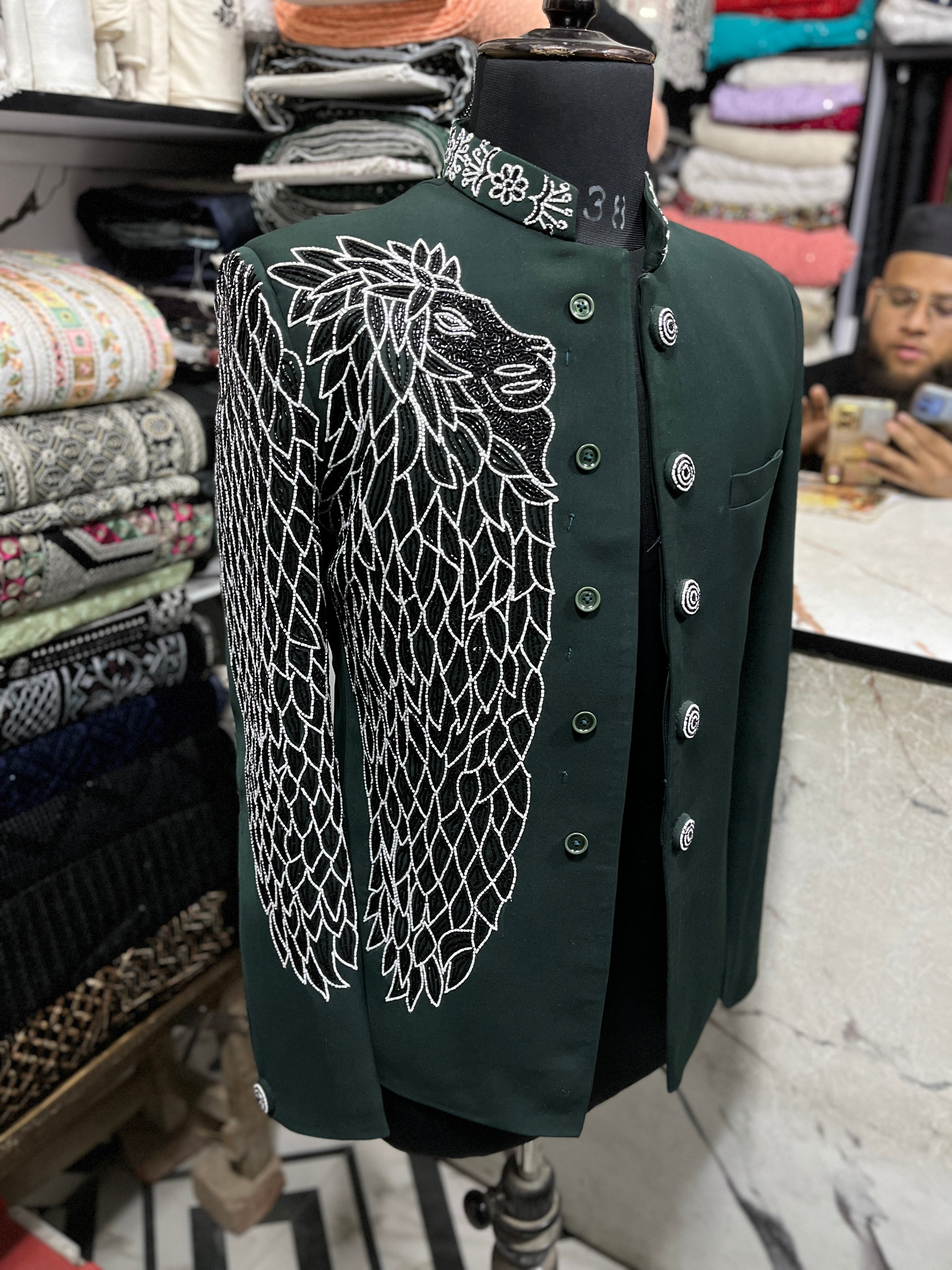 Men's Green Handcrafted Cut Work Embroidery Bandhgala Suit