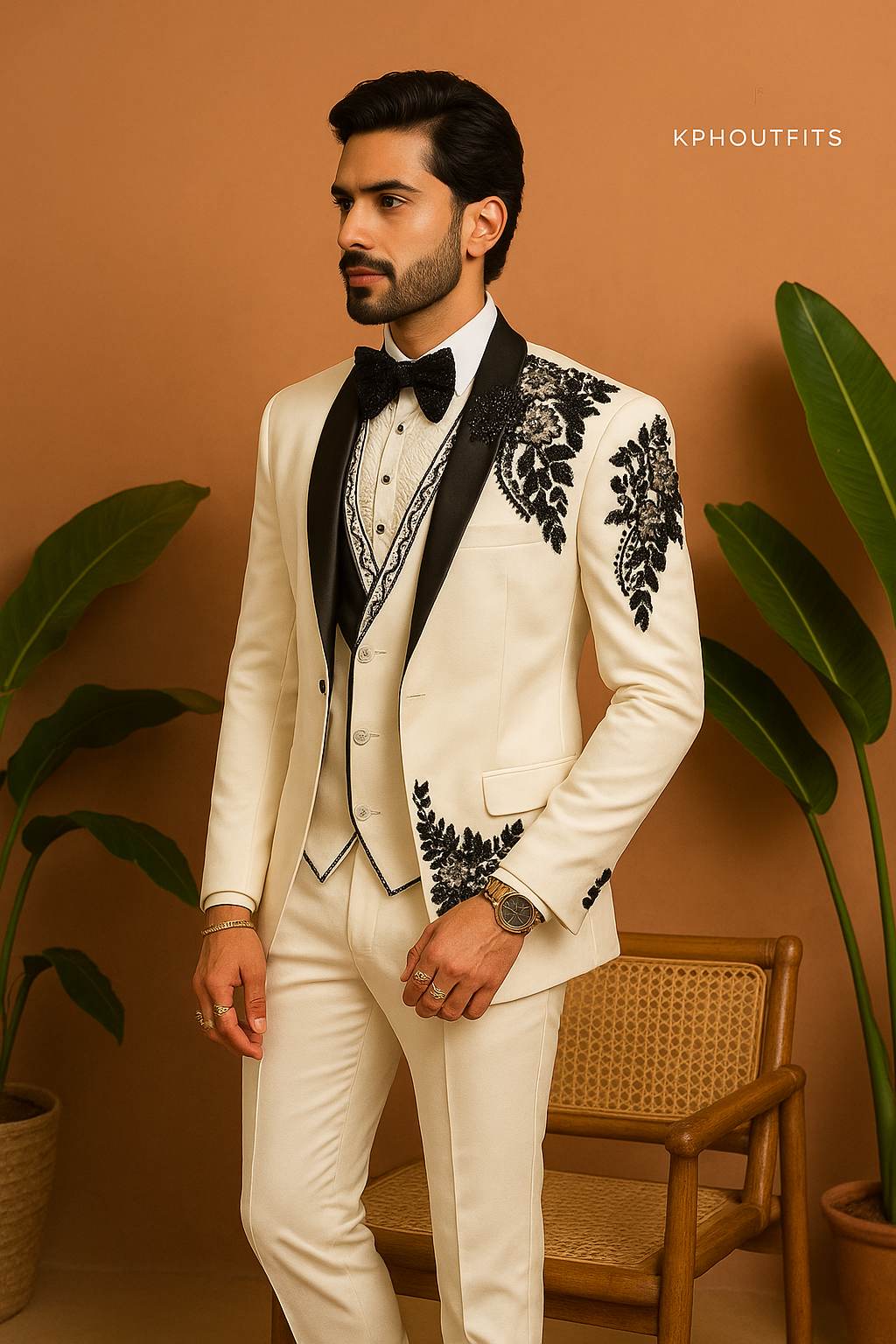 Men's Exclusive Ivory Designer Handcrafted Stylish Tuxedo Suit – Luxury Designer Wear by KPH Outfits