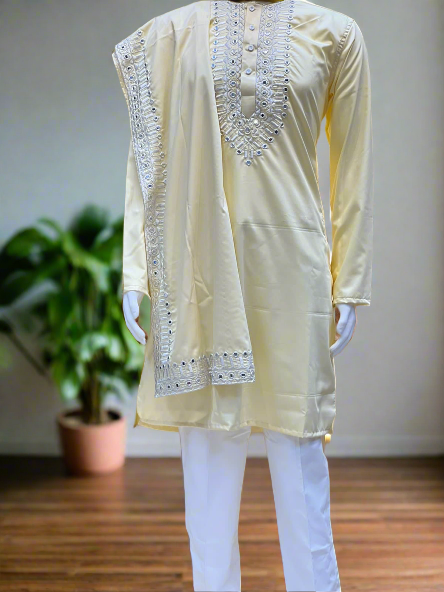 Men’s light yellow kurta set  blazer design.