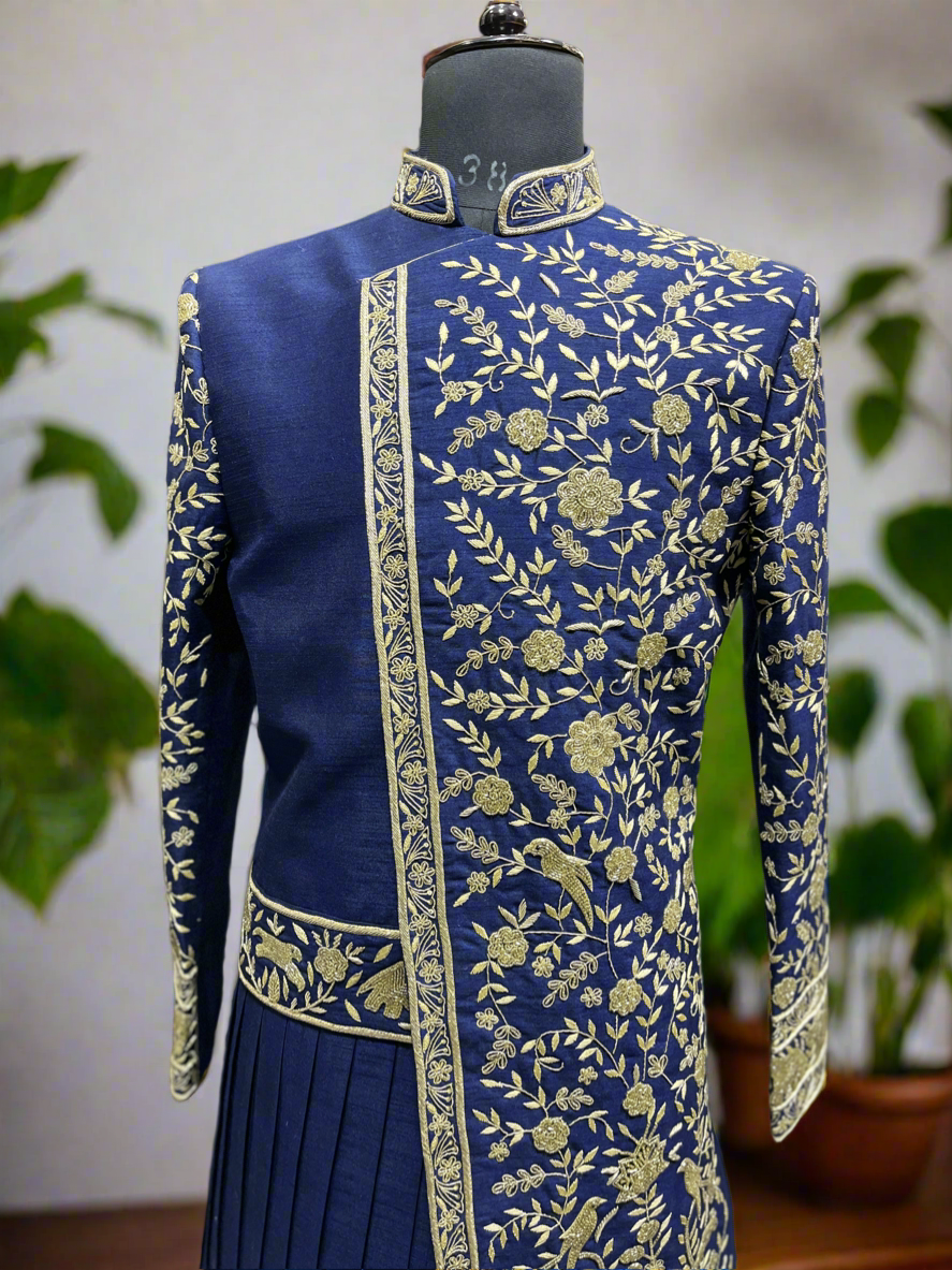 Men's Blue Handcrafted Golden Zardozi Draped Indo-Western Set – Elegance Redefined