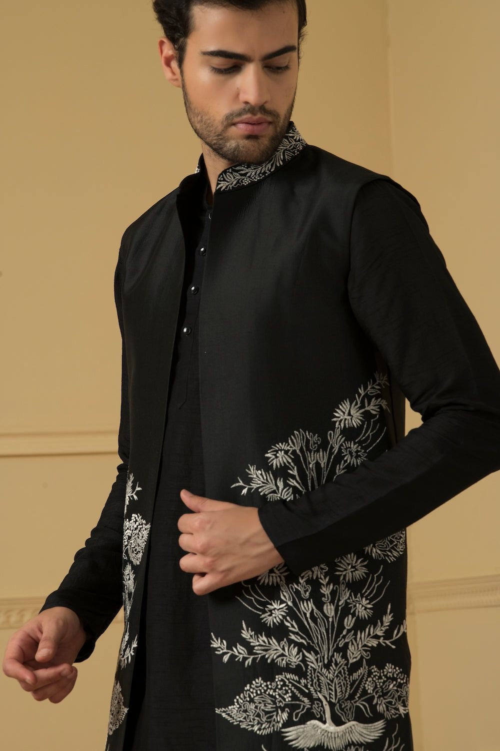 Men's Black Thread Embroidery long Jacket Set