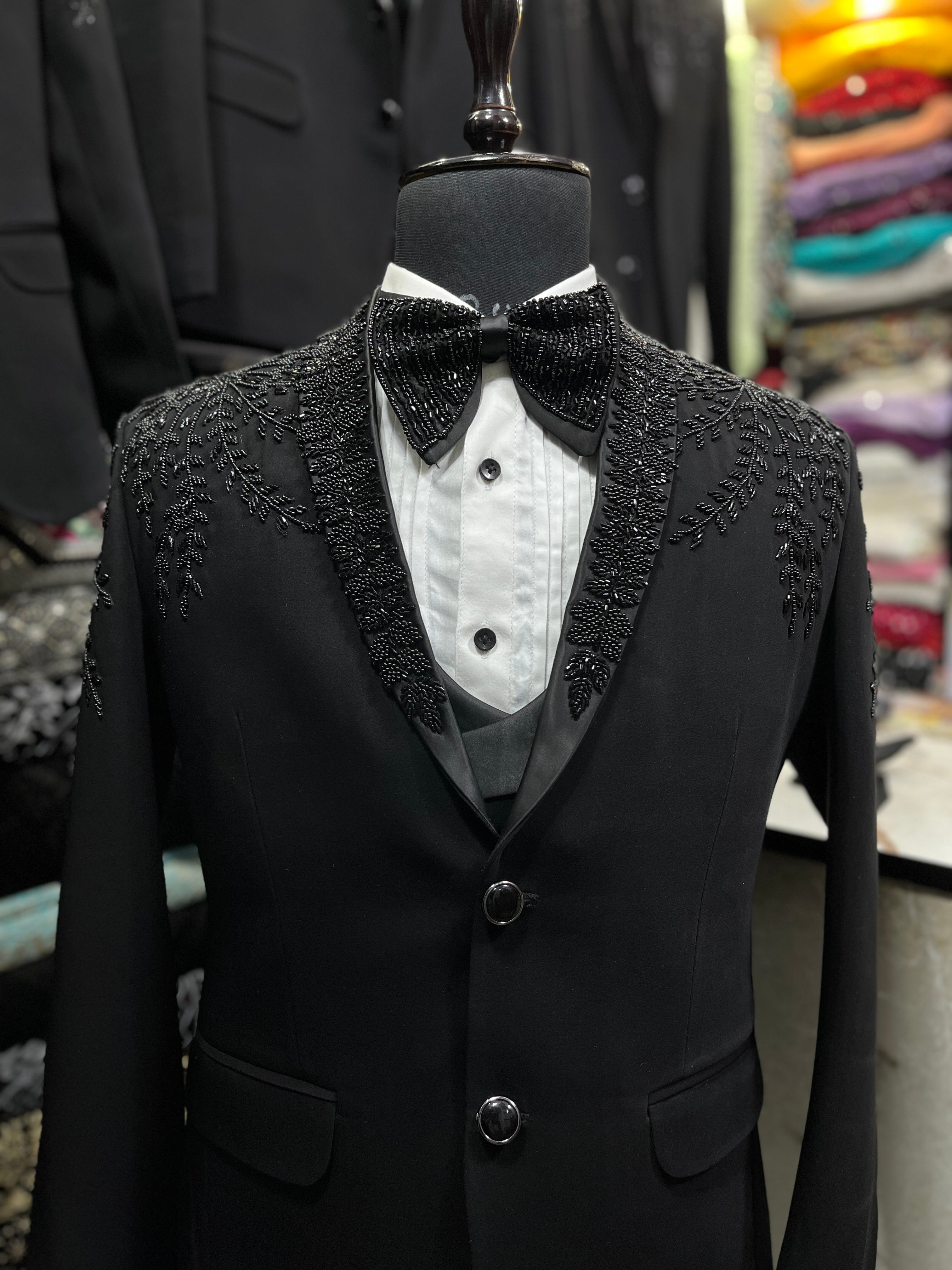 Men Black Handcrafted Cut dana Work  Shawl Lapel Tuxedo Suit