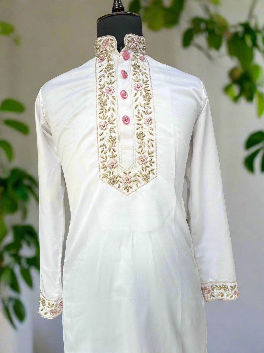 Elegant White Kurta Set for Men with Handcrafted Zardozi Work and Neck Embroidery